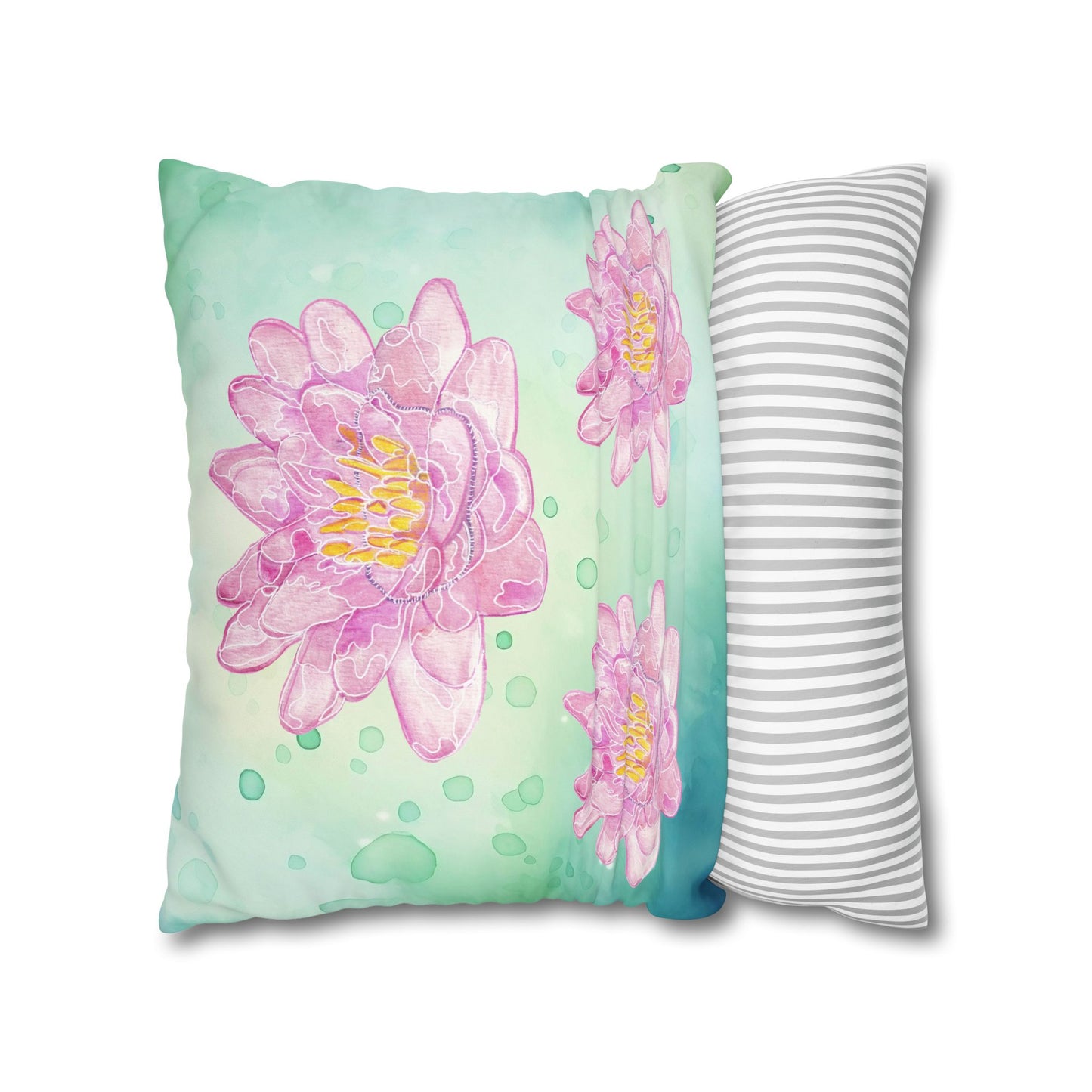 Cushion Cover with Water Lily Design in Pink on Turquoise Water