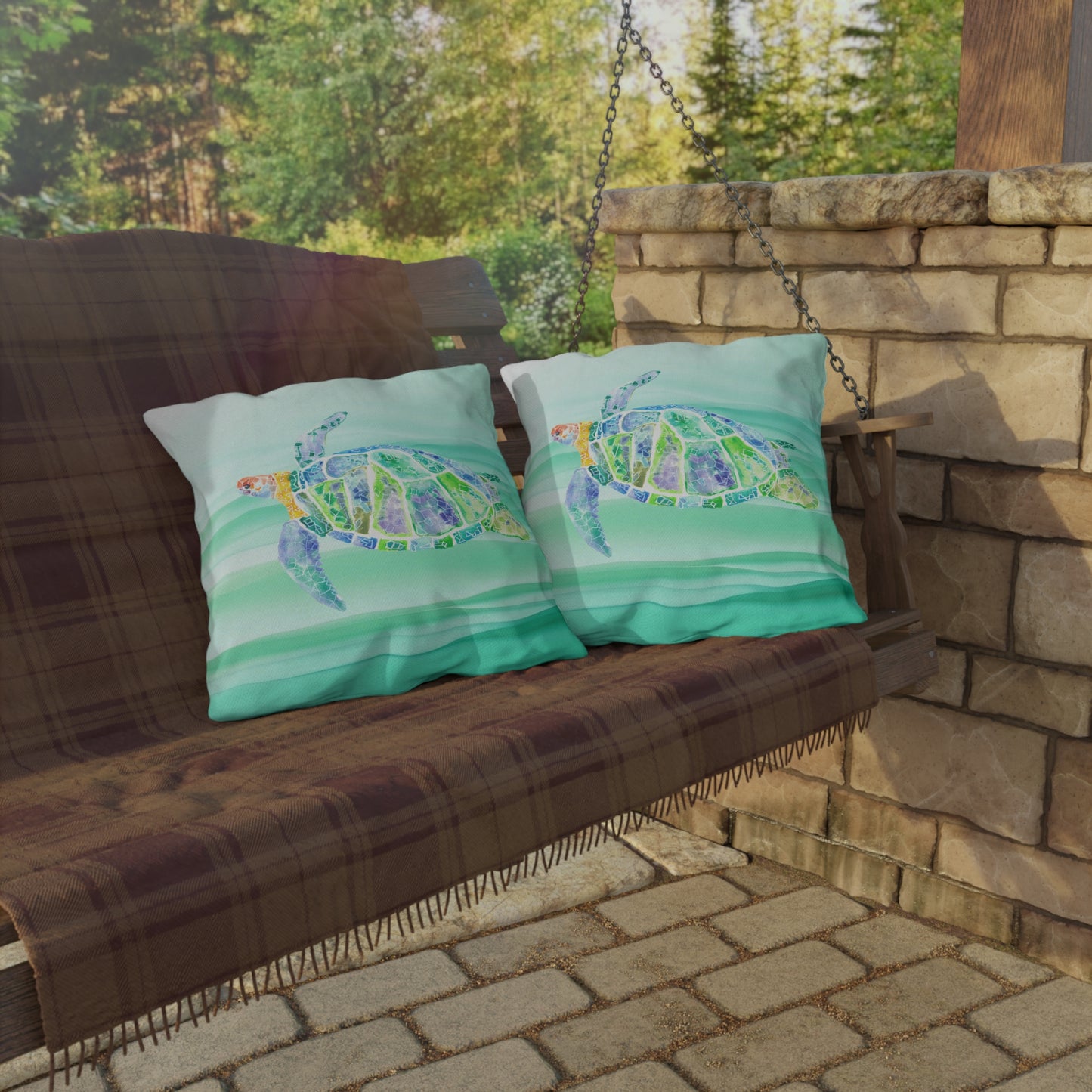 Outdoor Cushion with Blue Turtle