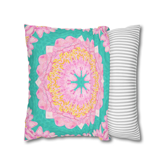 Cushion Cover with Water Lily Design in Pink and Turquoise