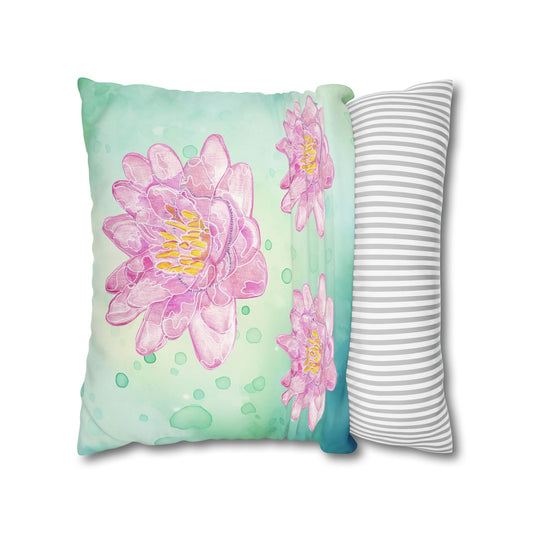 Cushion Cover with Water Lily Design in Pink on Turquoise Water