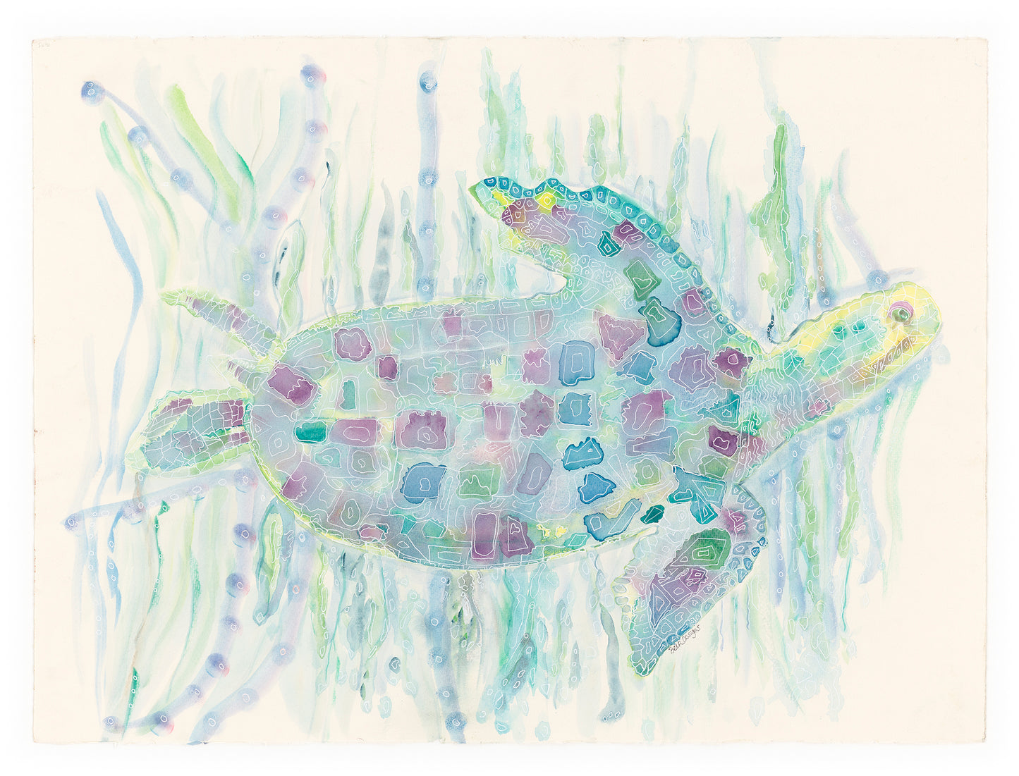 Turtle in Blues and Purples Navigating Through The Reeds