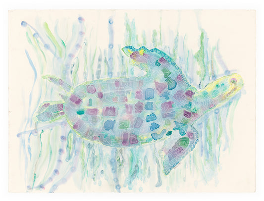 Turtle in Blues and Purples Navigating Through The Reeds