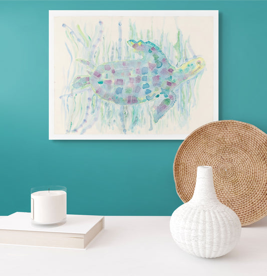 Turtle in Blues and Purples Navigating Through The Reeds