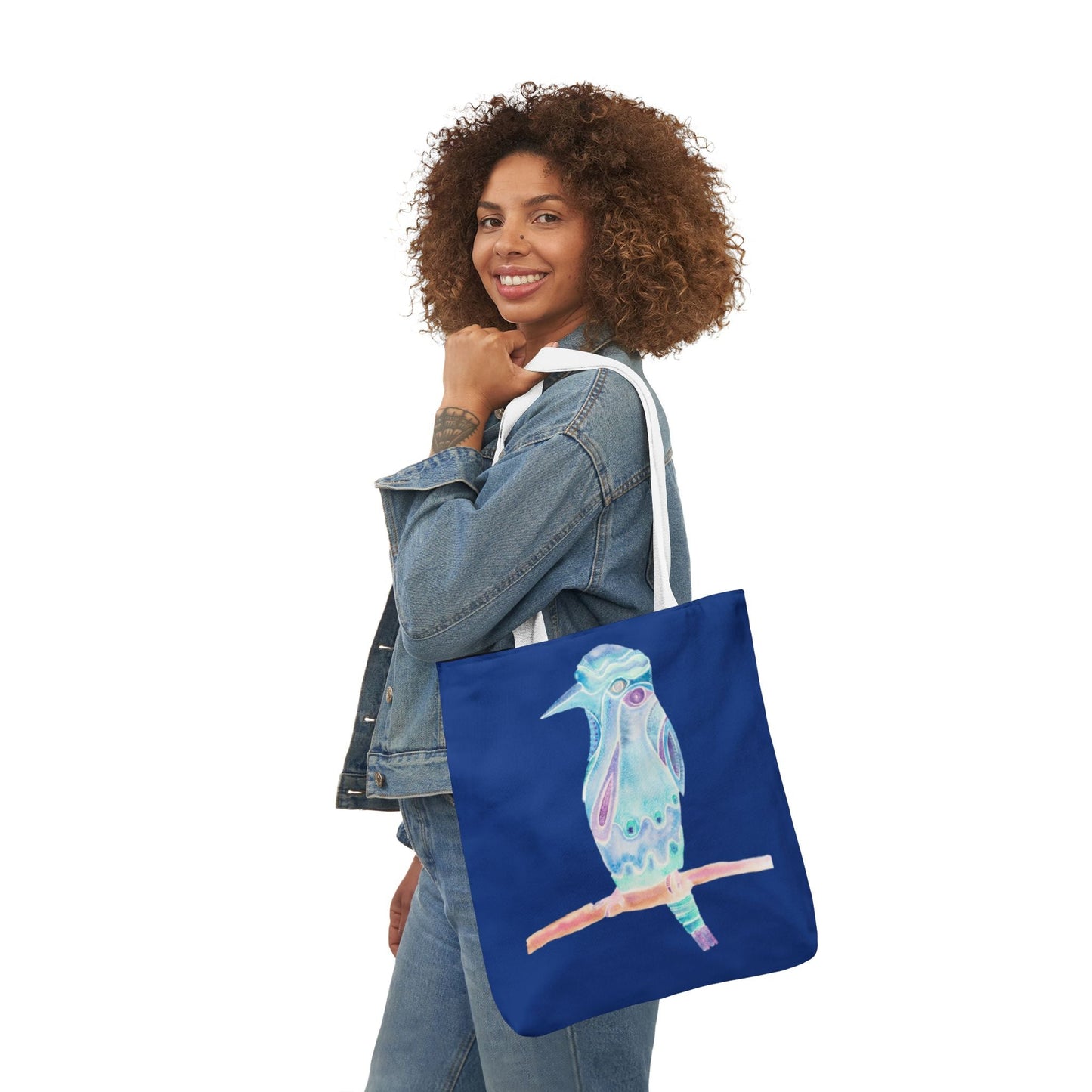 Canvas Tote Bag with Blue Patterned Bird - Artmakeyourmark.com