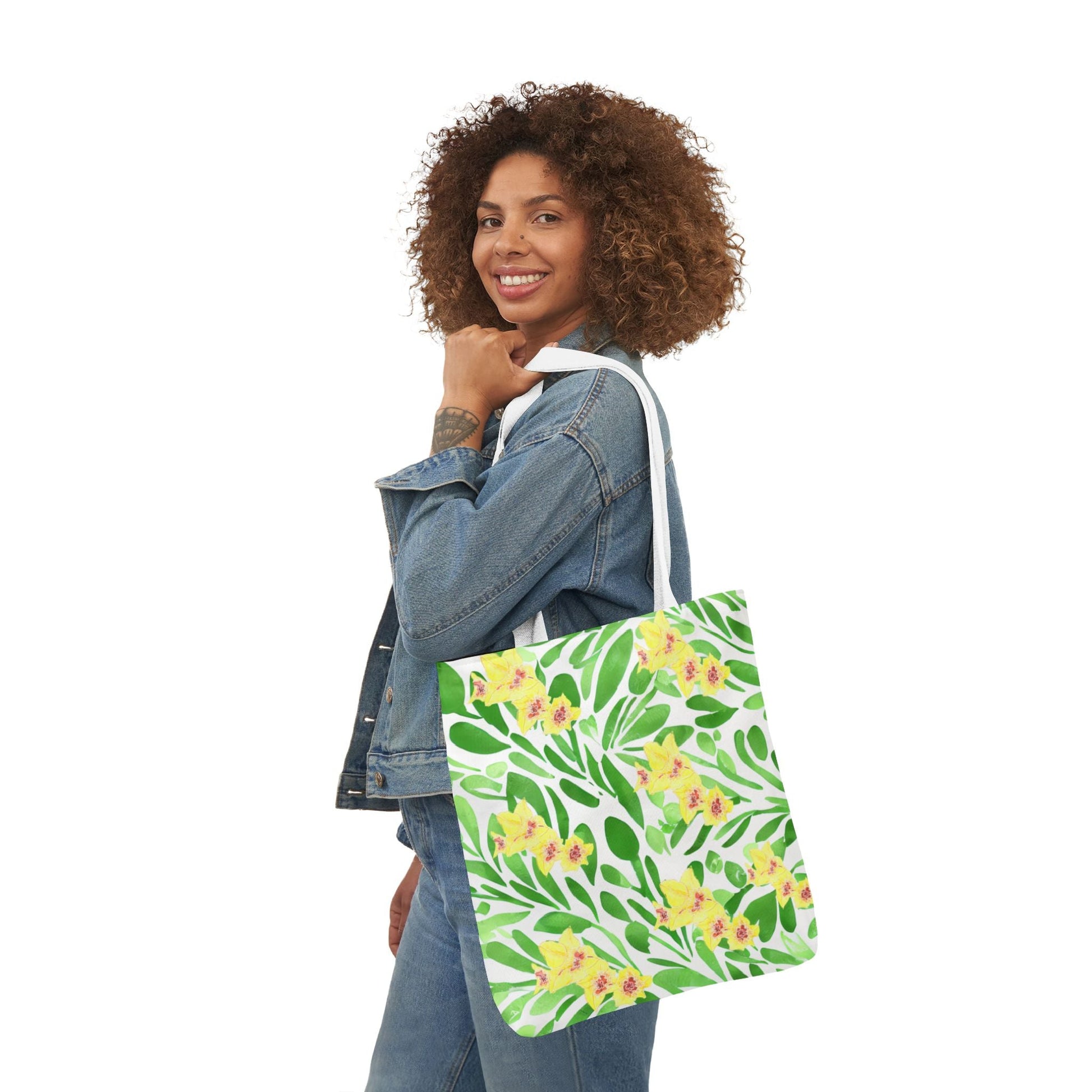 Canvas Tote Bag with Green Leaves and Yellow Gladioli - Artmakeyourmark.com