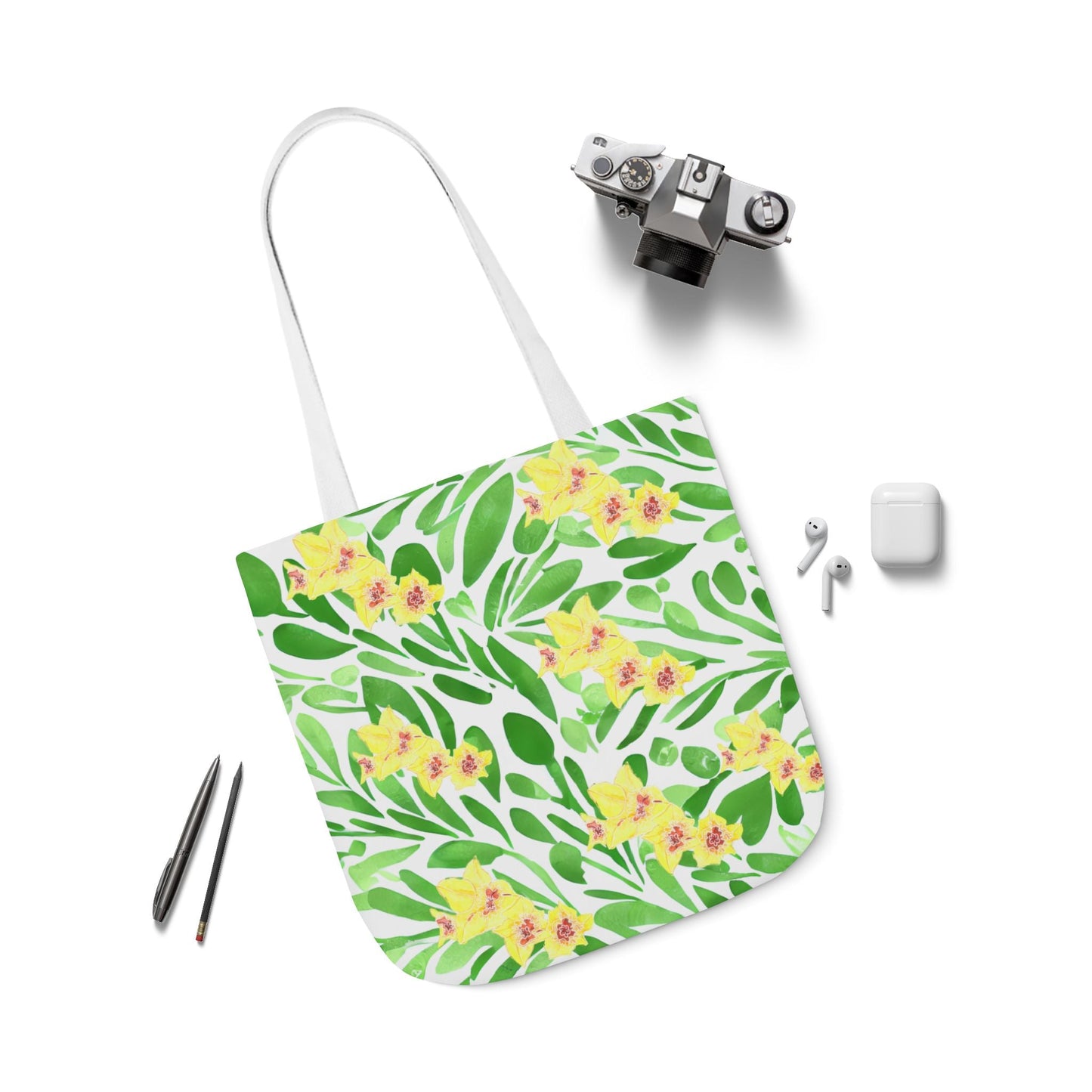 Canvas Tote Bag with Green Leaves and Yellow Gladioli - Artmakeyourmark.com