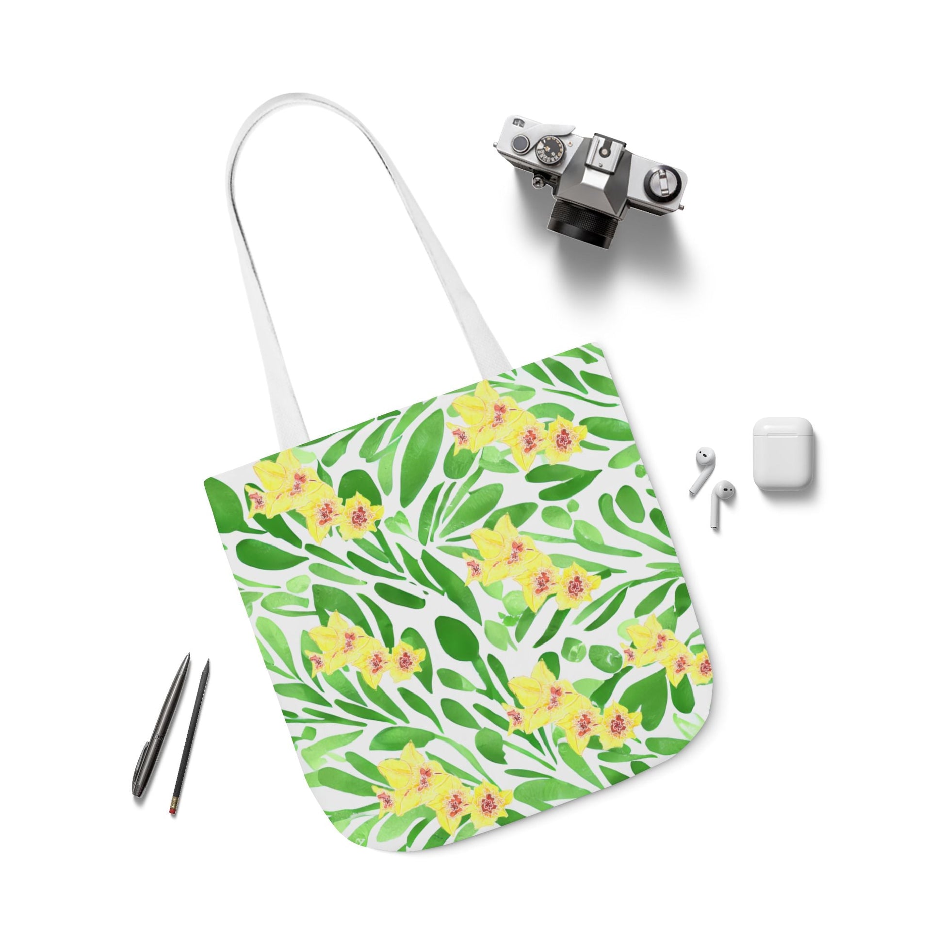 Canvas Tote Bag with Green Leaves and Yellow Gladioli - Artmakeyourmark.com