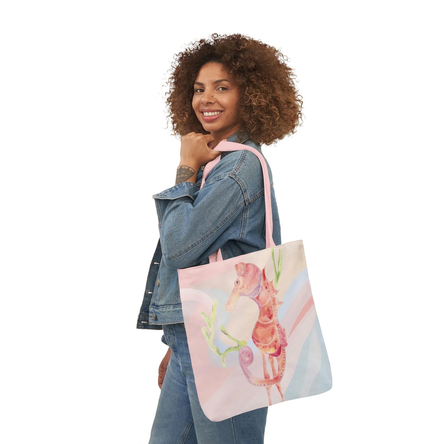 Canvas Tote Bag with Orange Seahorse - Artmakeyourmark.com