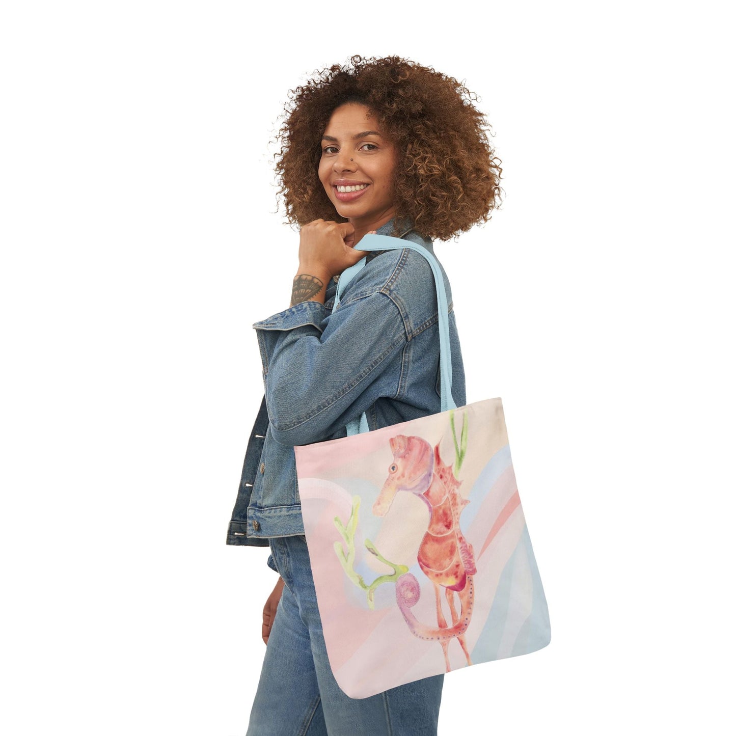 Canvas Tote Bag with Orange Seahorse - Artmakeyourmark.com
