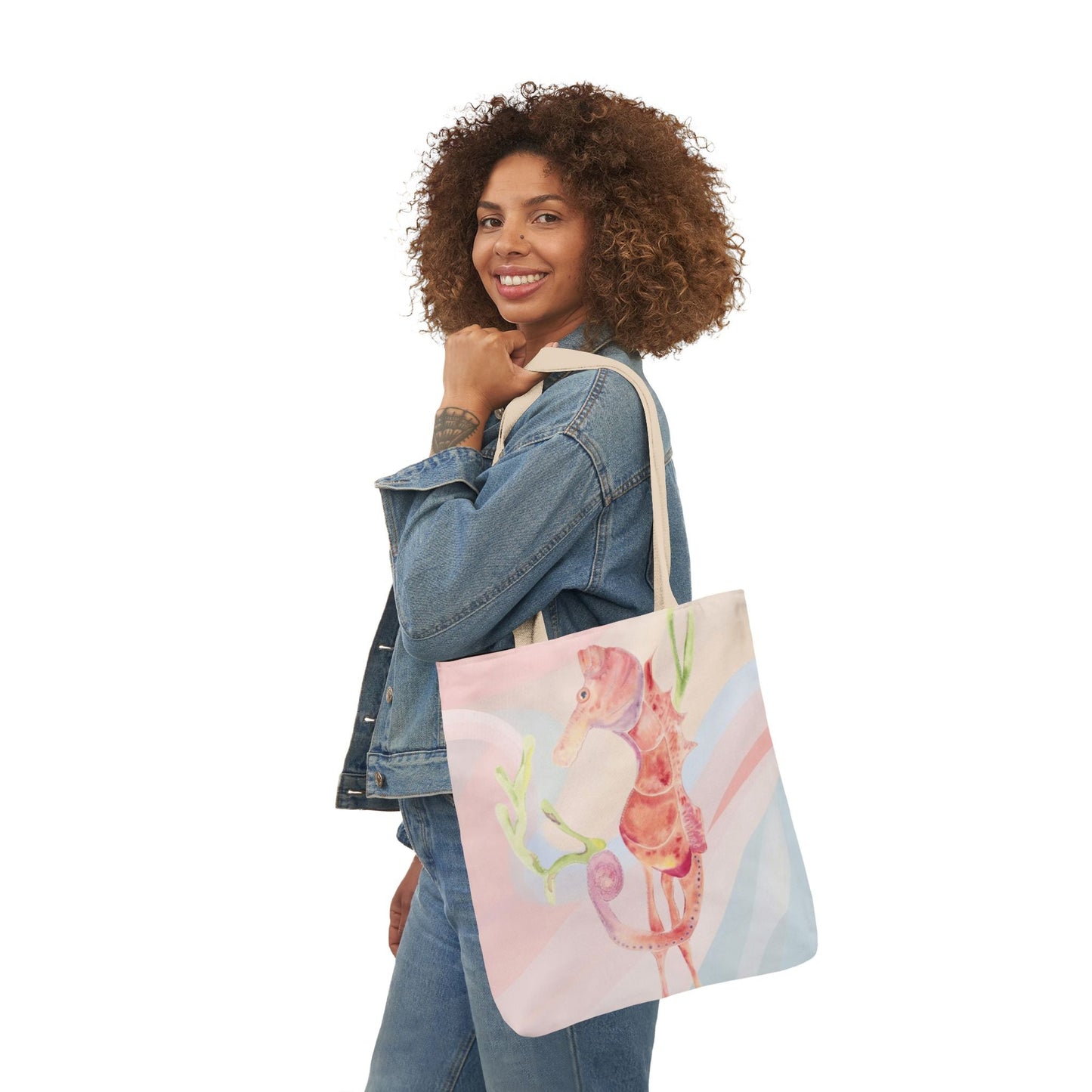 Canvas Tote Bag with Orange Seahorse - Artmakeyourmark.com