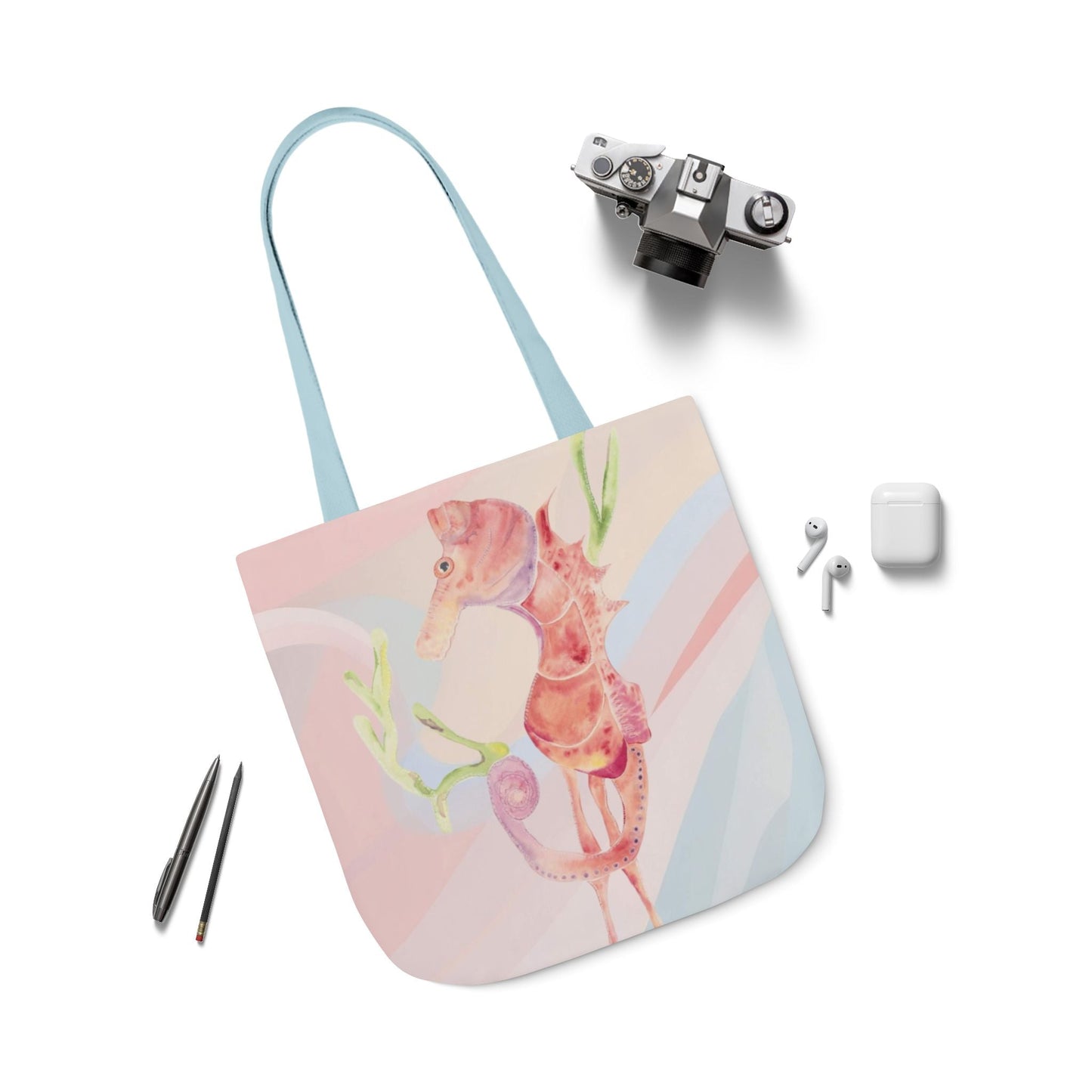Canvas Tote Bag with Orange Seahorse - Artmakeyourmark.com