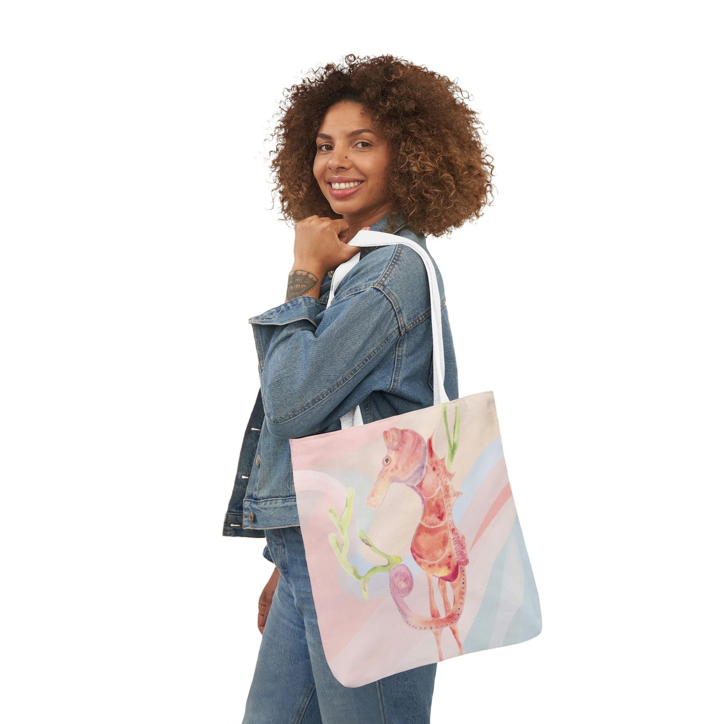 Canvas Tote Bag with Orange Seahorse - Artmakeyourmark.com