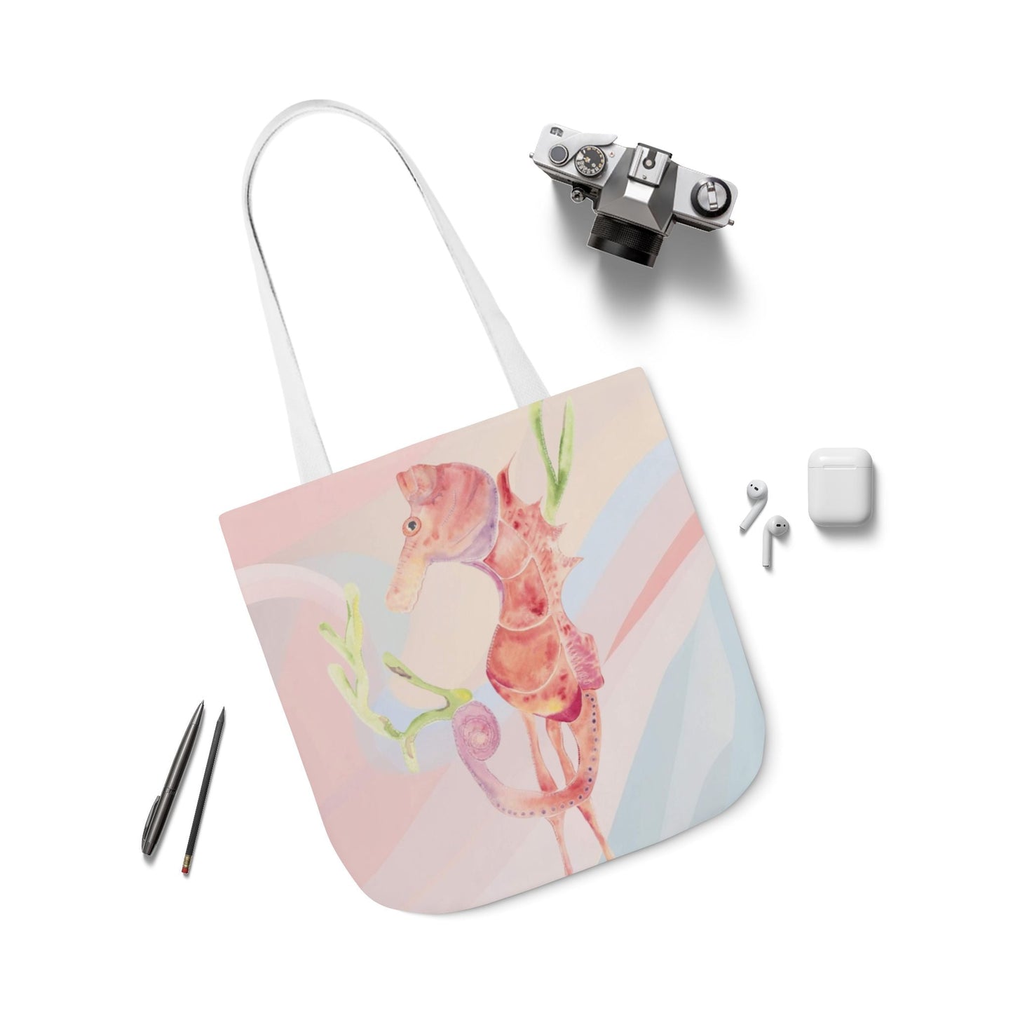Canvas Tote Bag with Orange Seahorse - Artmakeyourmark.com