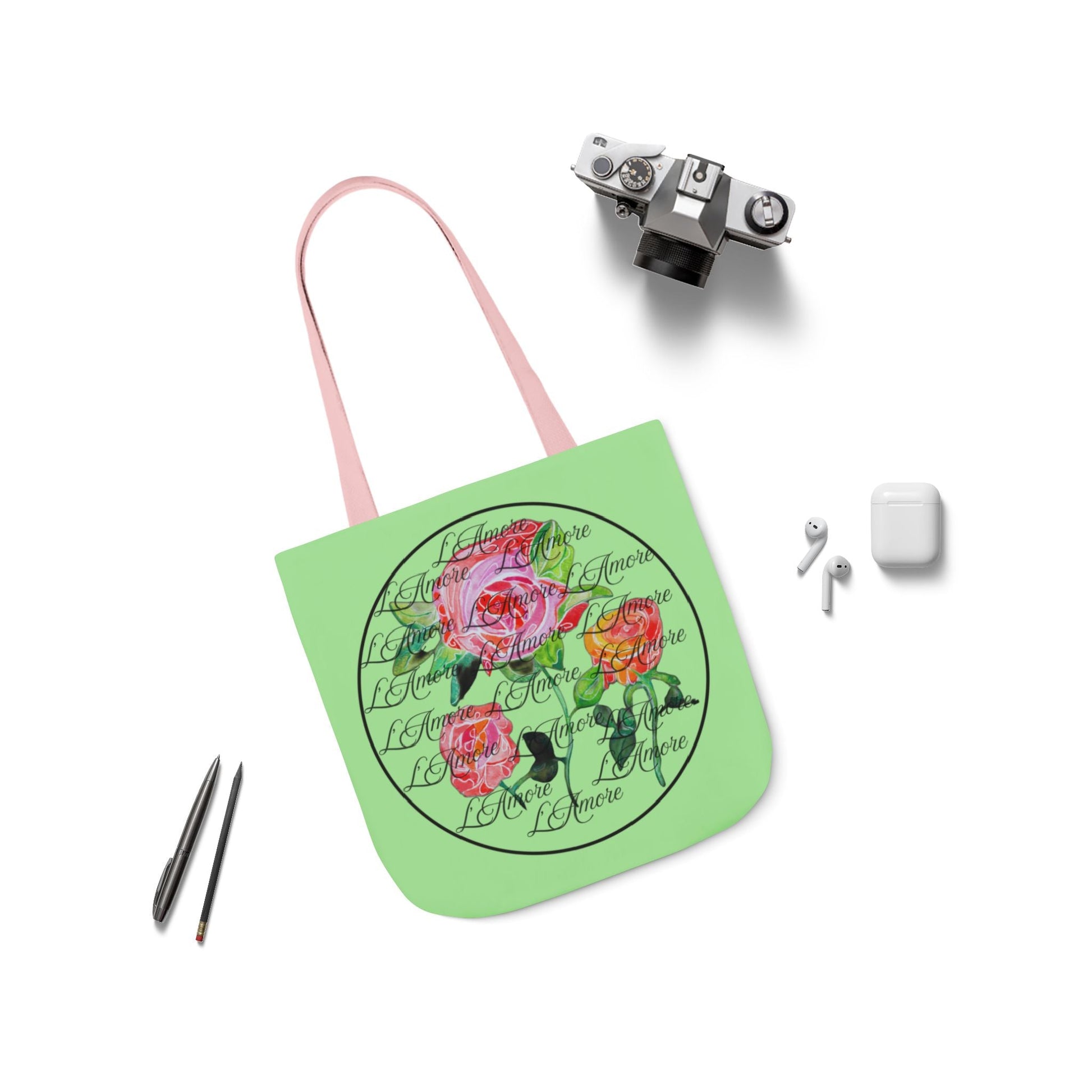 Canvas Tote Bag with Roses and L'Amore - Artmakeyourmark.com