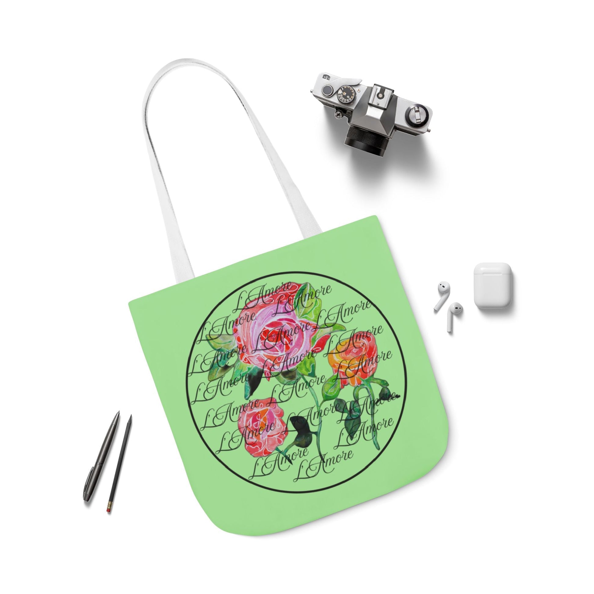 Canvas Tote Bag with Roses and L'Amore - Artmakeyourmark.com