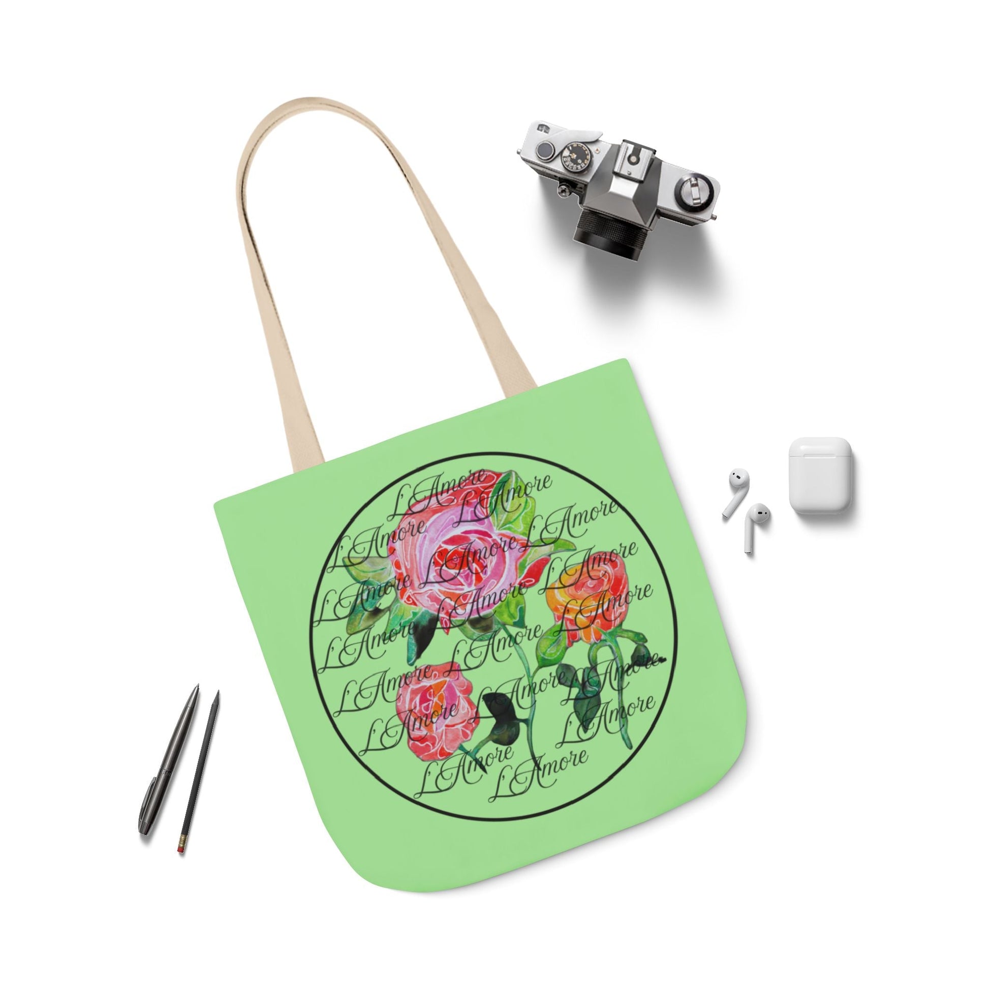 Canvas Tote Bag with Roses and L'Amore - Artmakeyourmark.com