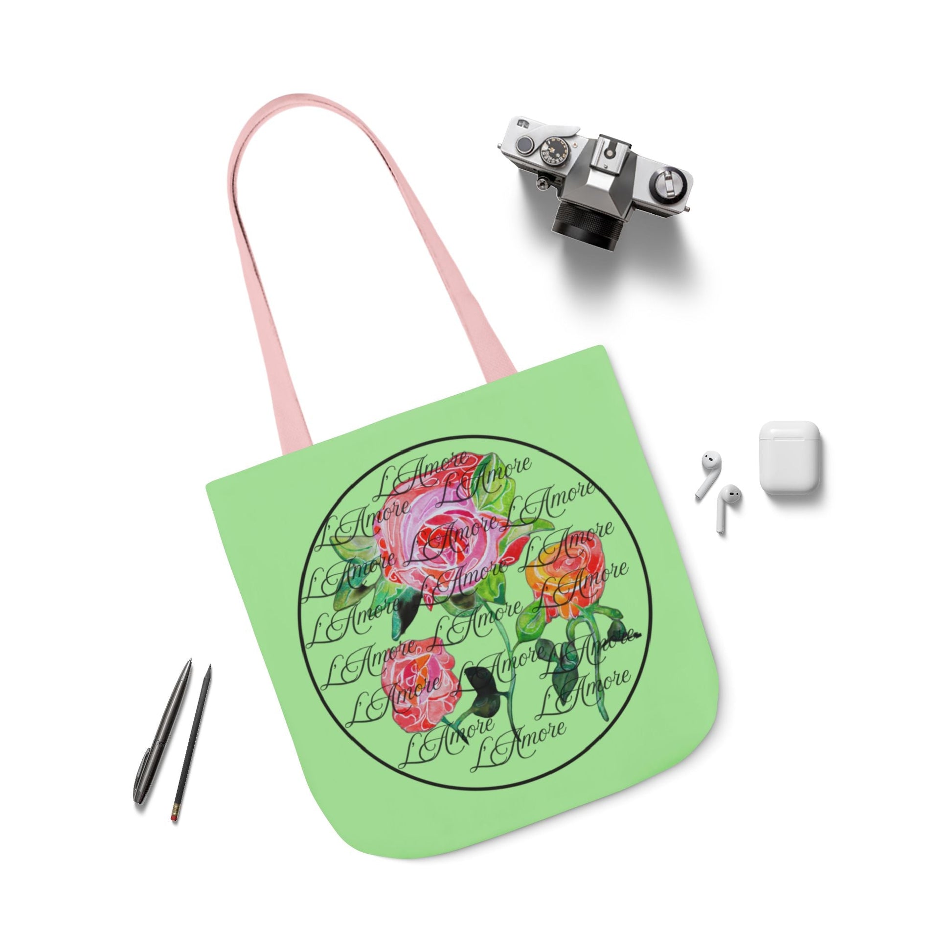 Canvas Tote Bag with Roses and L'Amore - Artmakeyourmark.com