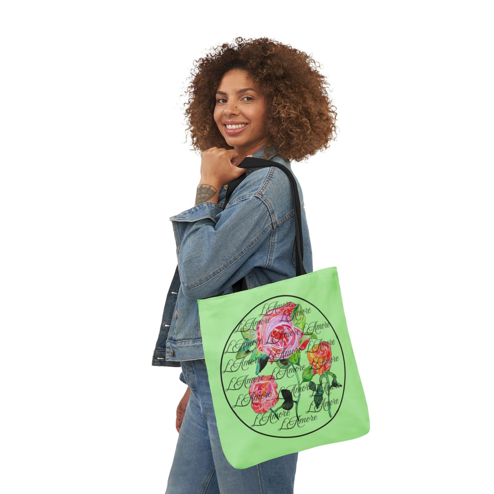 Canvas Tote Bag with Roses and L'Amore - Artmakeyourmark.com