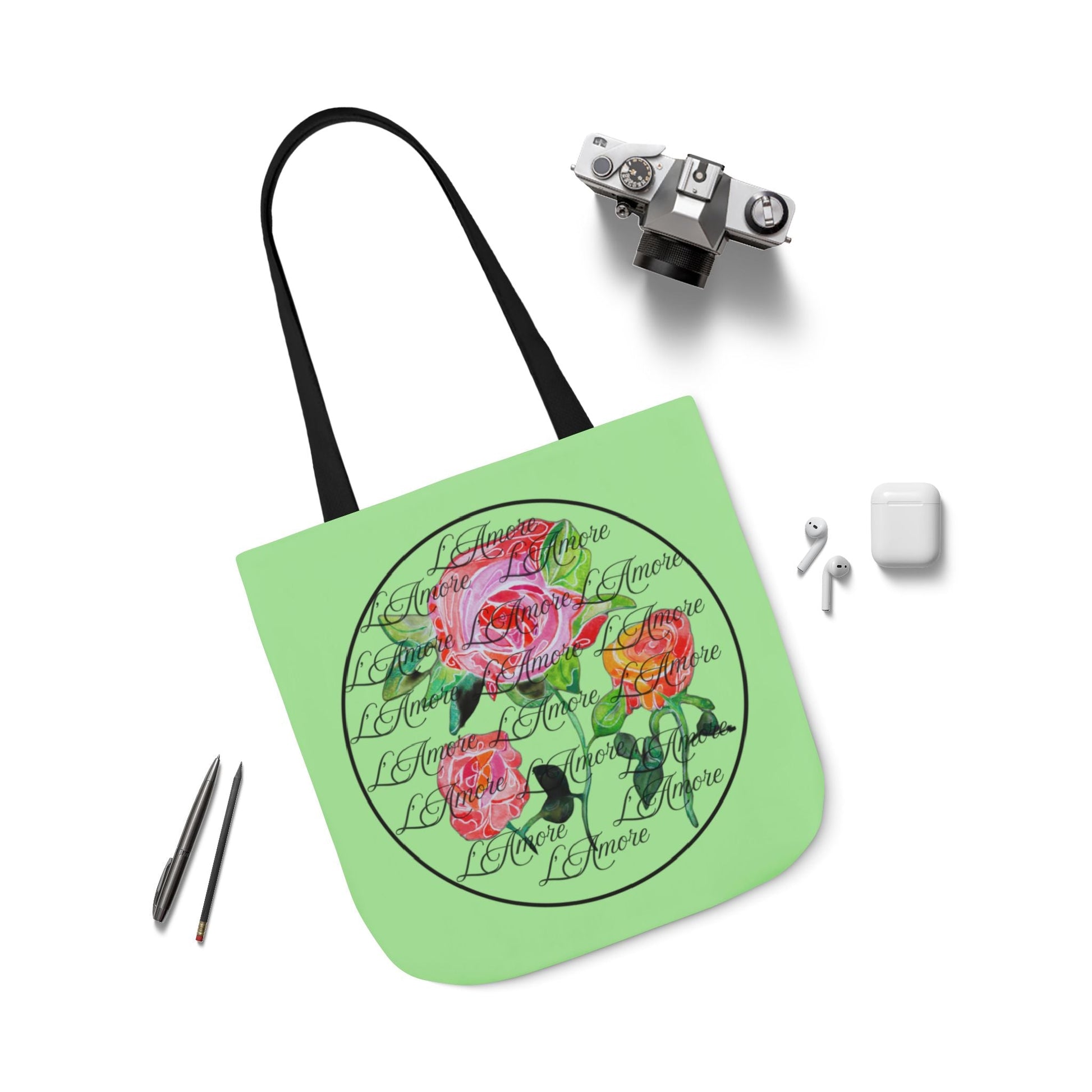 Canvas Tote Bag with Roses and L'Amore - Artmakeyourmark.com