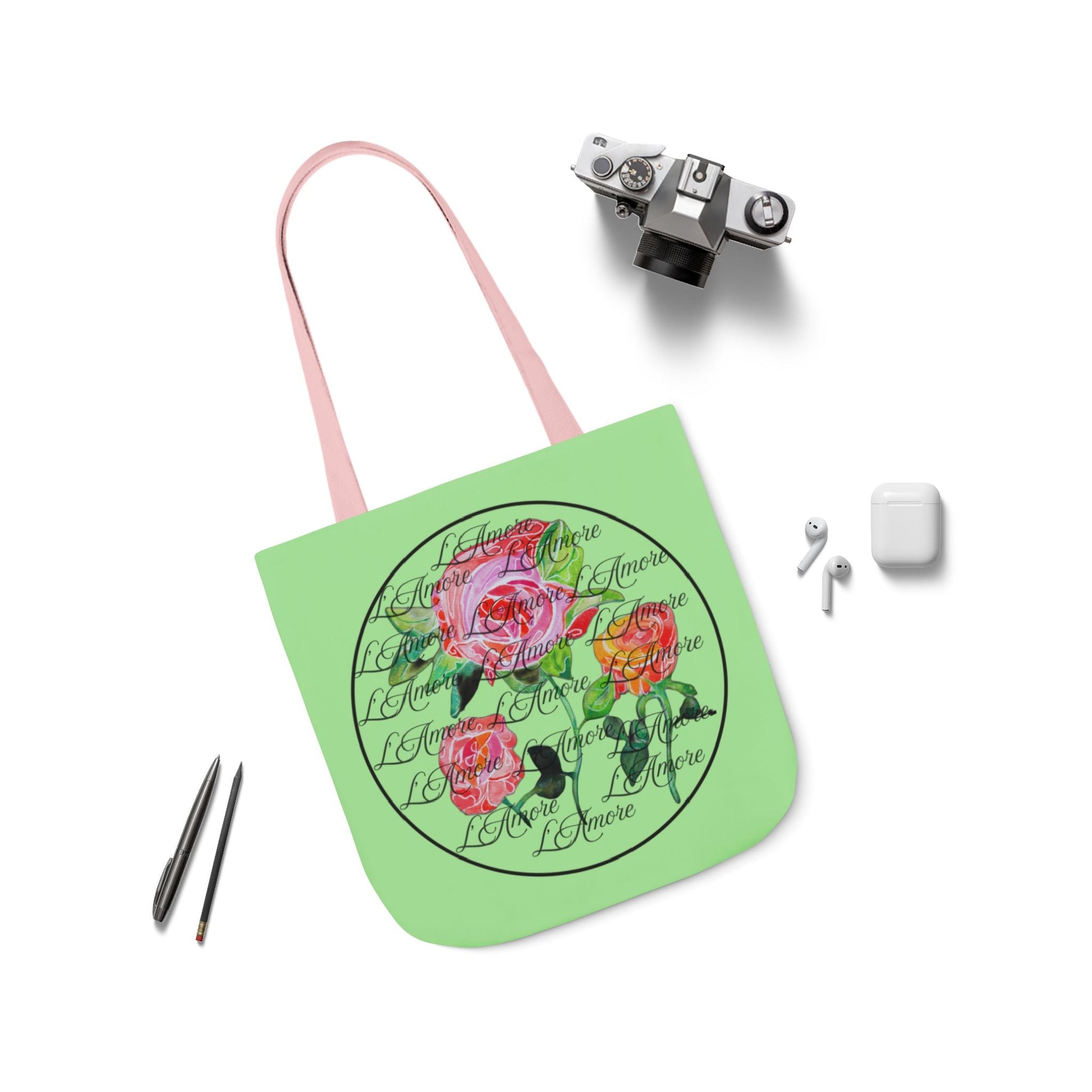 Canvas Tote Bag with Roses and L'Amore - Artmakeyourmark.com