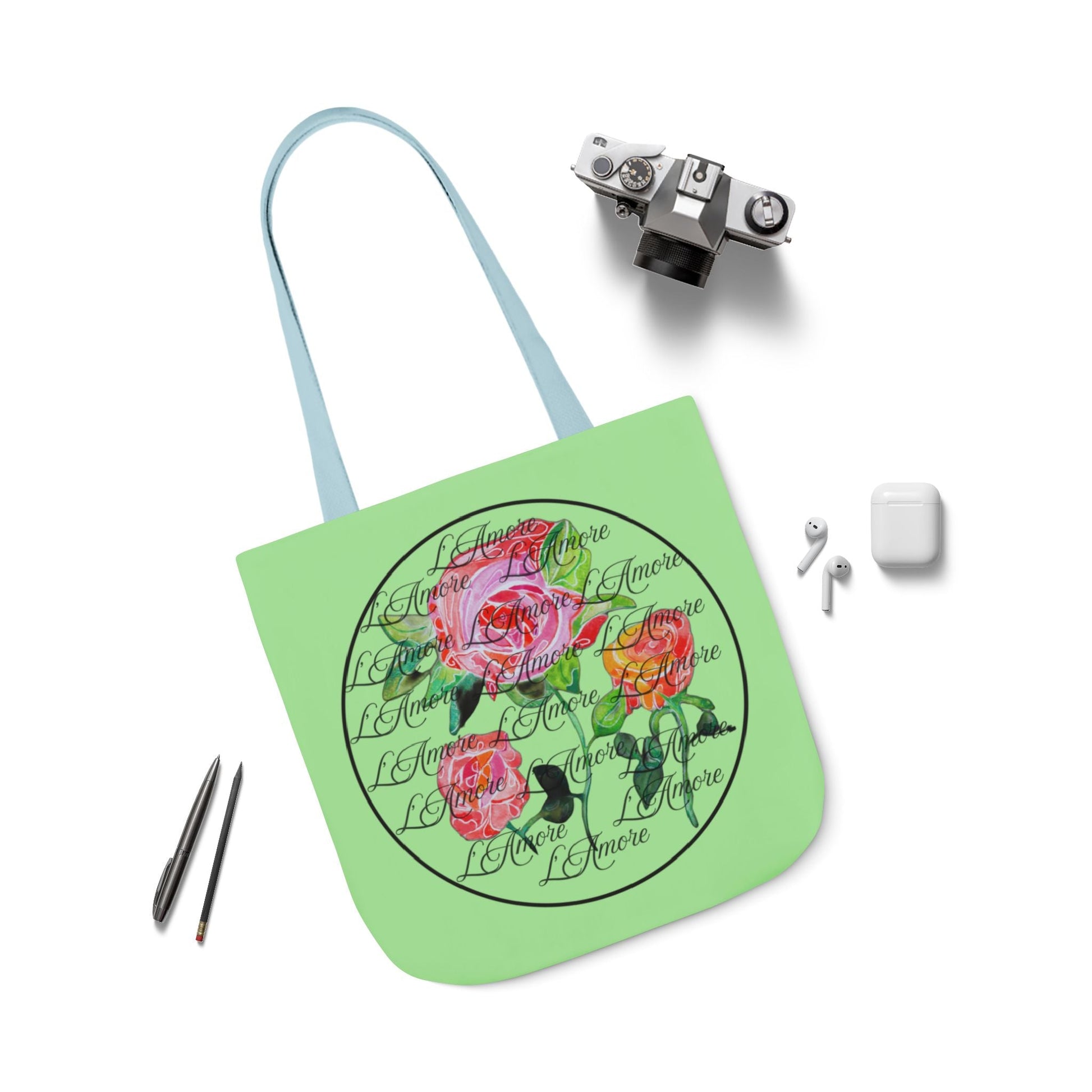 Canvas Tote Bag with Roses and L'Amore - Artmakeyourmark.com