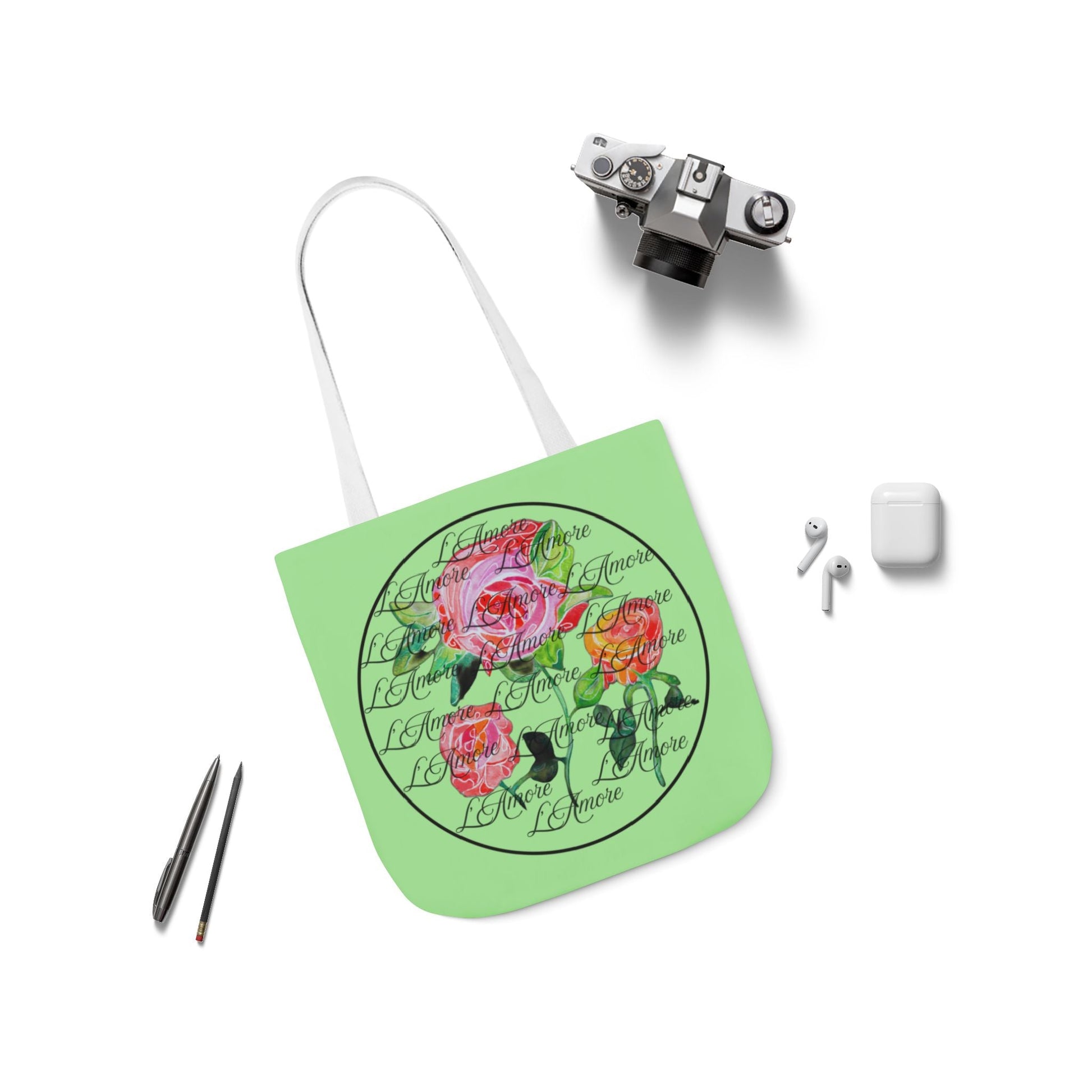 Canvas Tote Bag with Roses and L'Amore - Artmakeyourmark.com