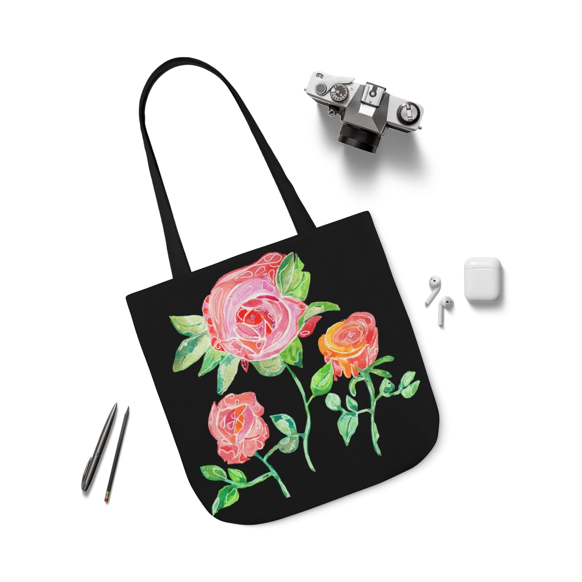 Canvas Tote Bag with Roses on Black Background - Artmakeyourmark.com