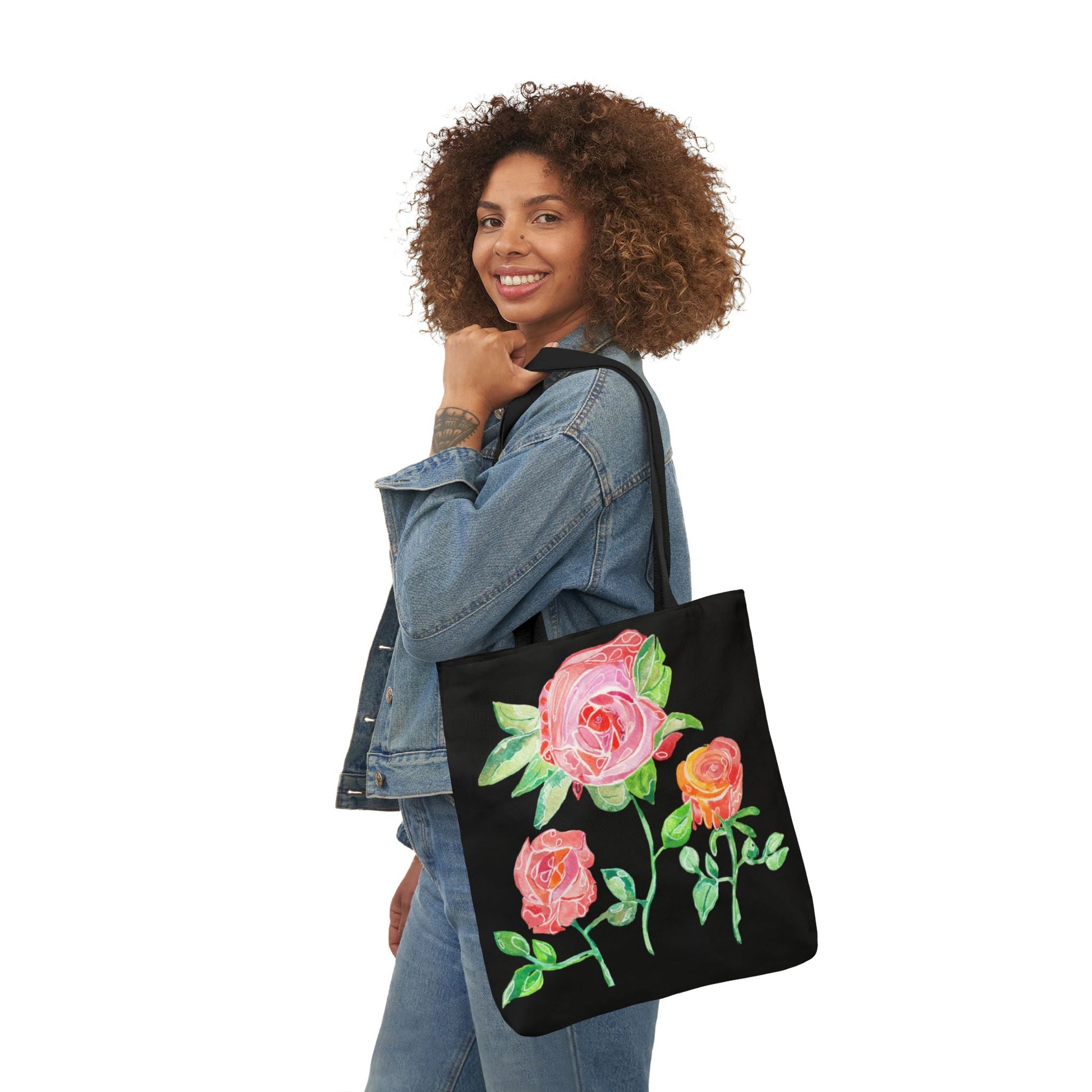 Canvas Tote Bag with Roses on Black Background - Artmakeyourmark.com
