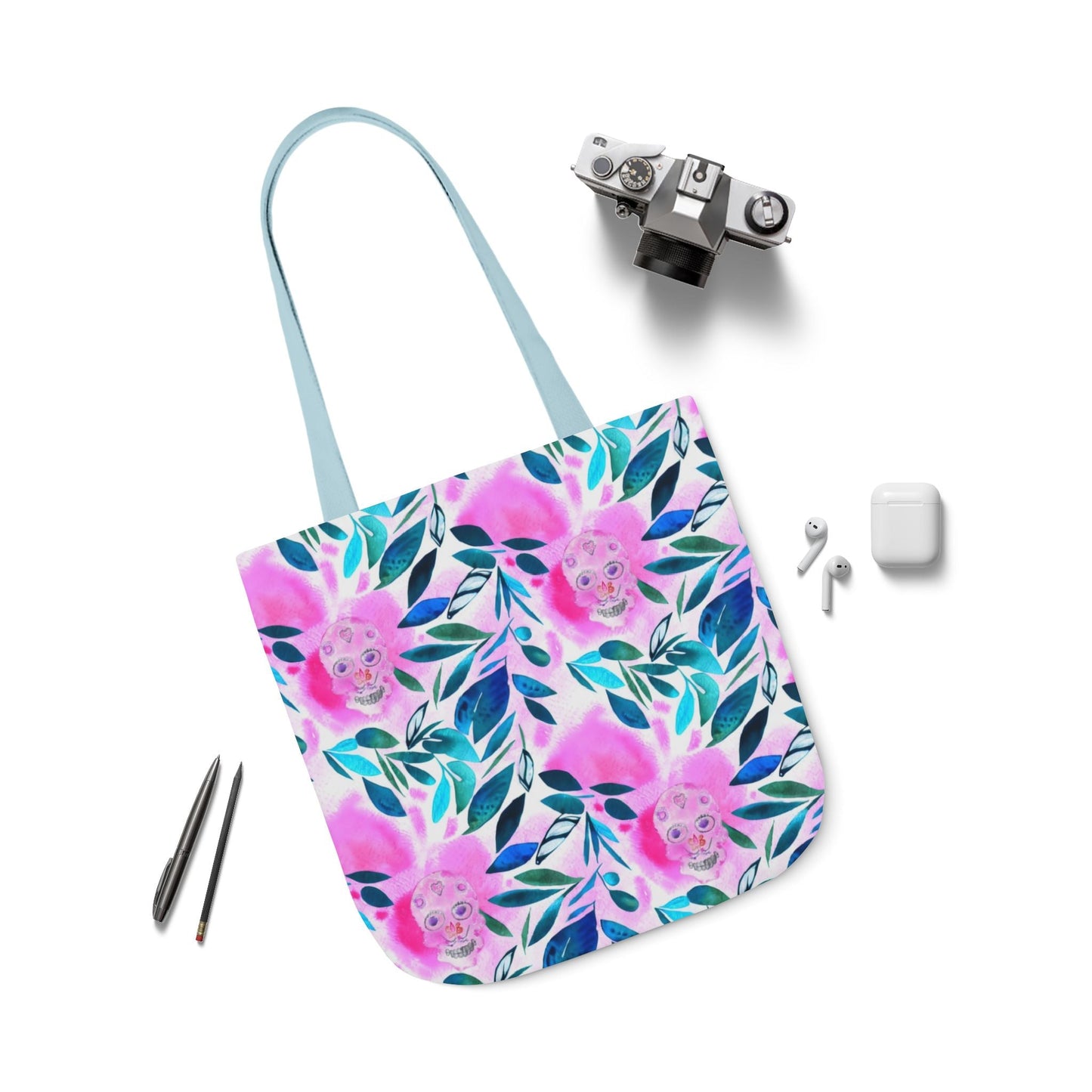 Canvas Tote Bag with Skulls and Flowers - Artmakeyourmark.com