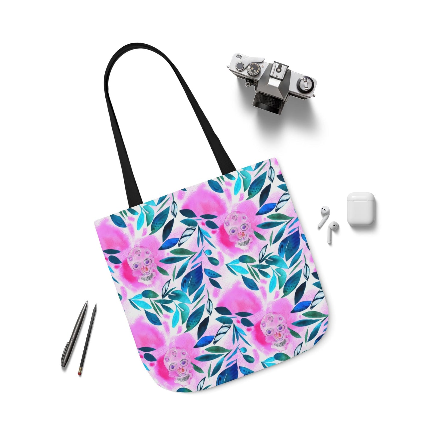 Canvas Tote Bag with Skulls and Flowers - Artmakeyourmark.com