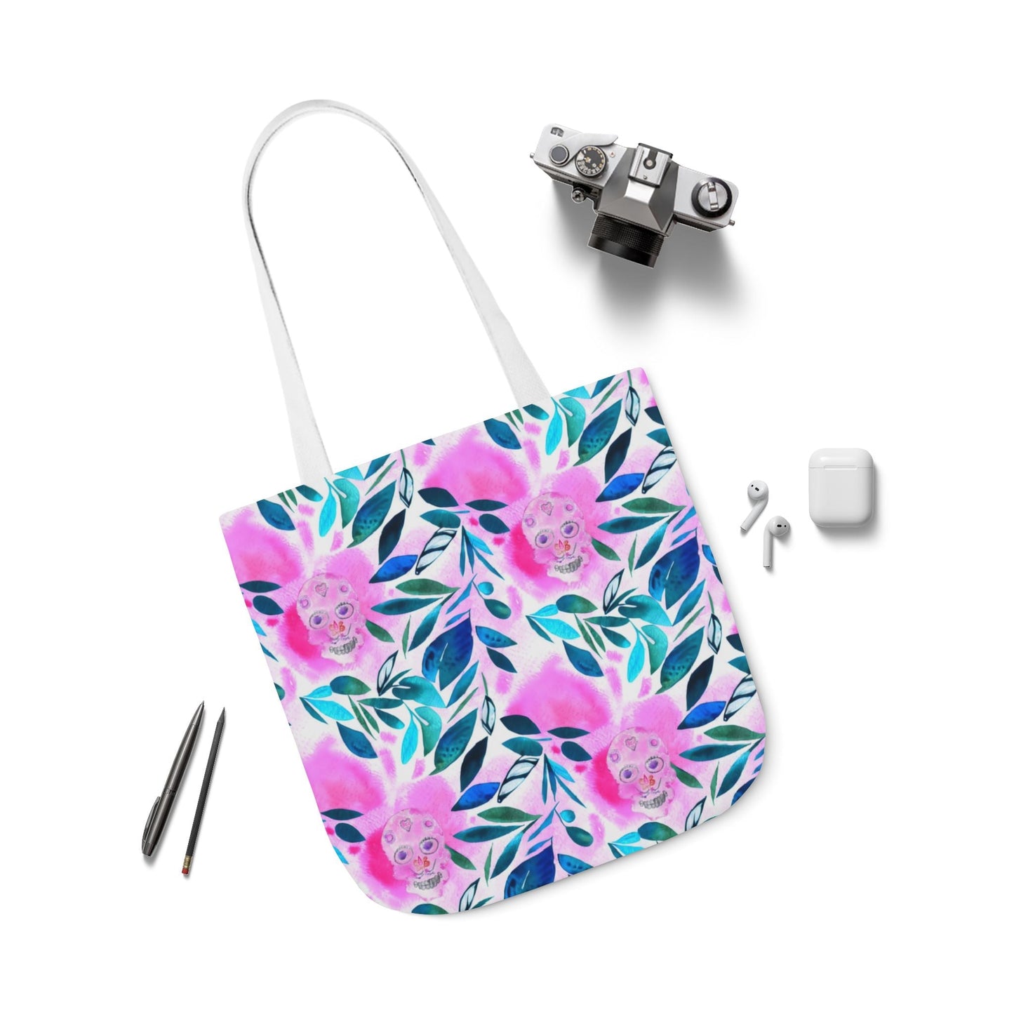 Canvas Tote Bag with Skulls and Flowers - Artmakeyourmark.com