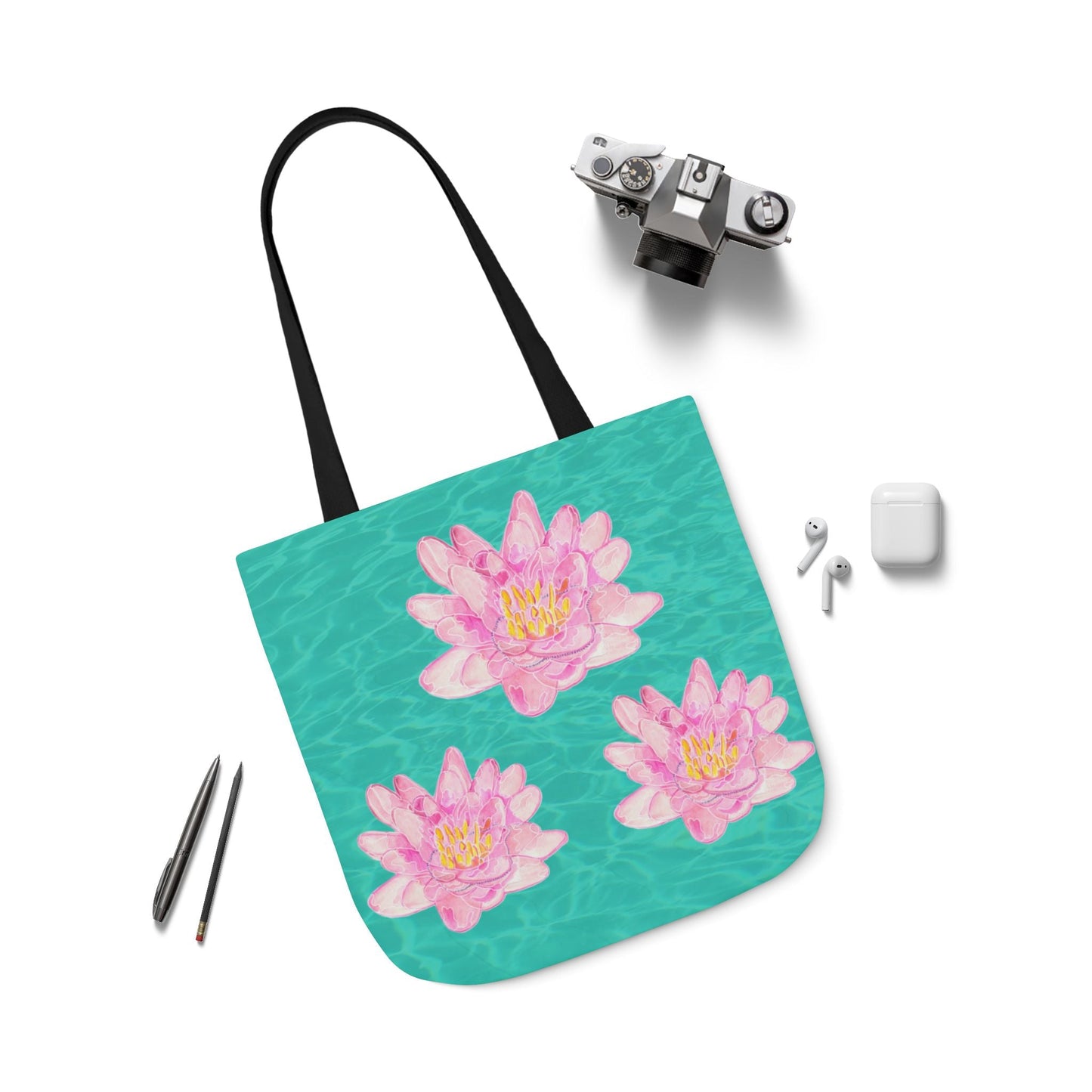 Canvas Tote Bag with Turquoise Water and Pink Waterlilies - Artmakeyourmark.com