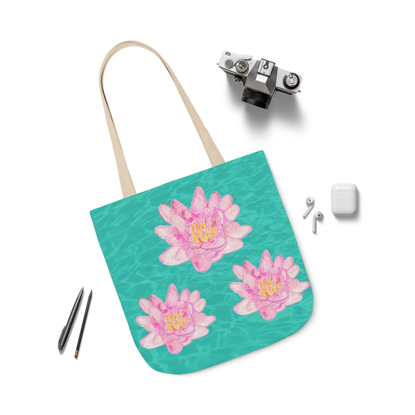 Canvas Tote Bag with Turquoise Water and Pink Waterlilies - Artmakeyourmark.com