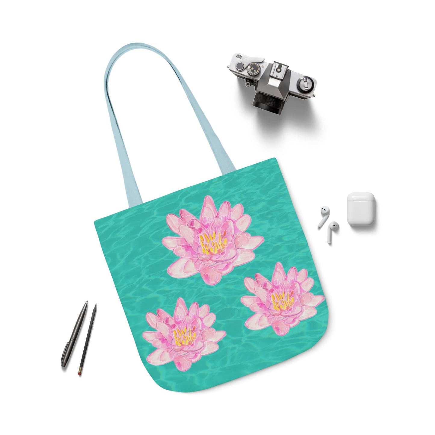 Canvas Tote Bag with Turquoise Water and Pink Waterlilies - Artmakeyourmark.com