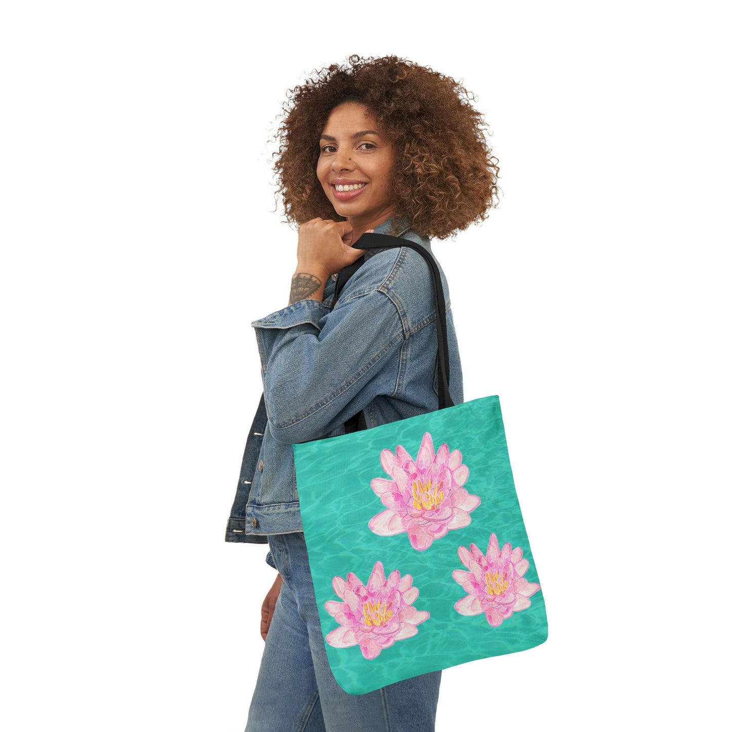 Canvas Tote Bag with Turquoise Water and Pink Waterlilies - Artmakeyourmark.com