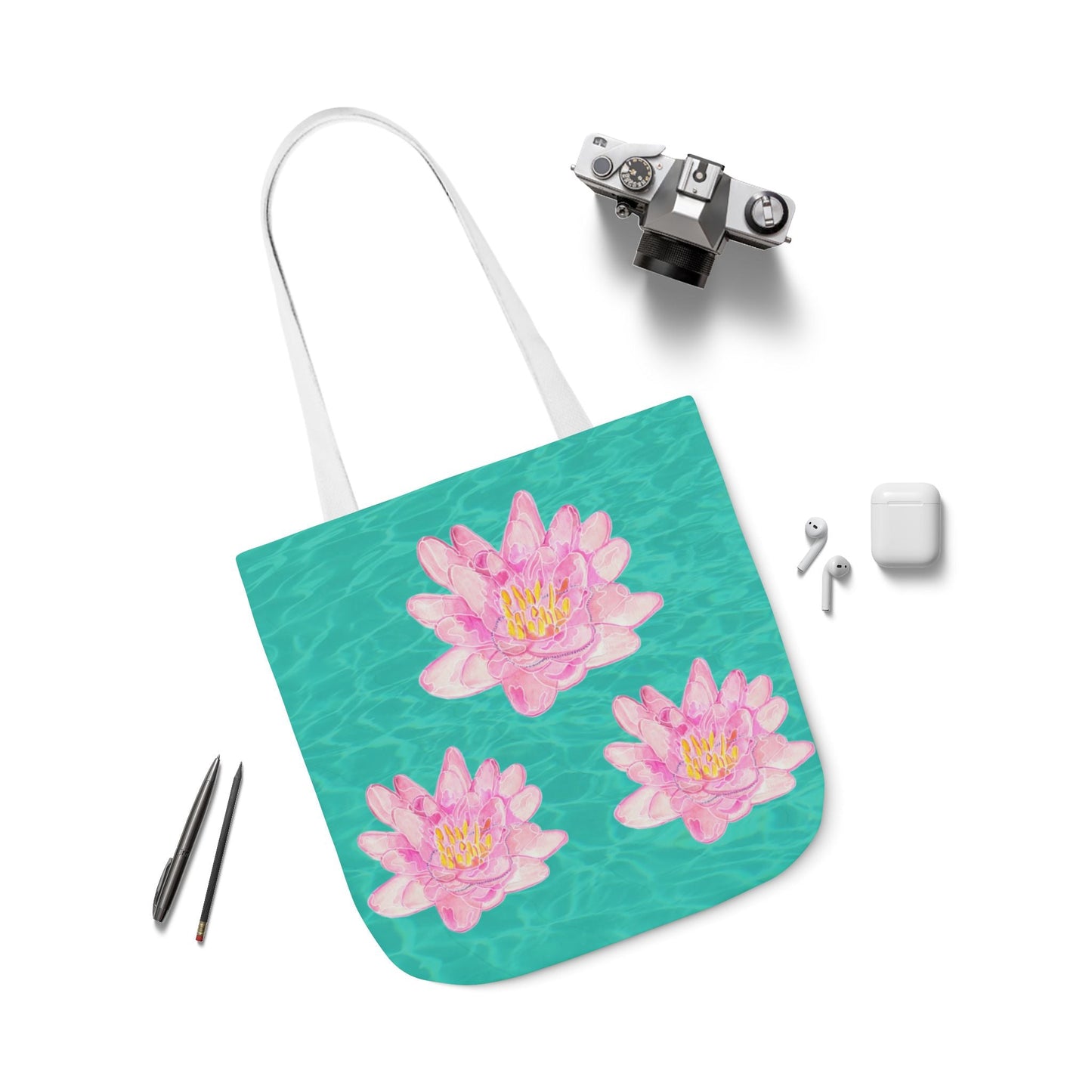 Canvas Tote Bag with Turquoise Water and Pink Waterlilies - Artmakeyourmark.com