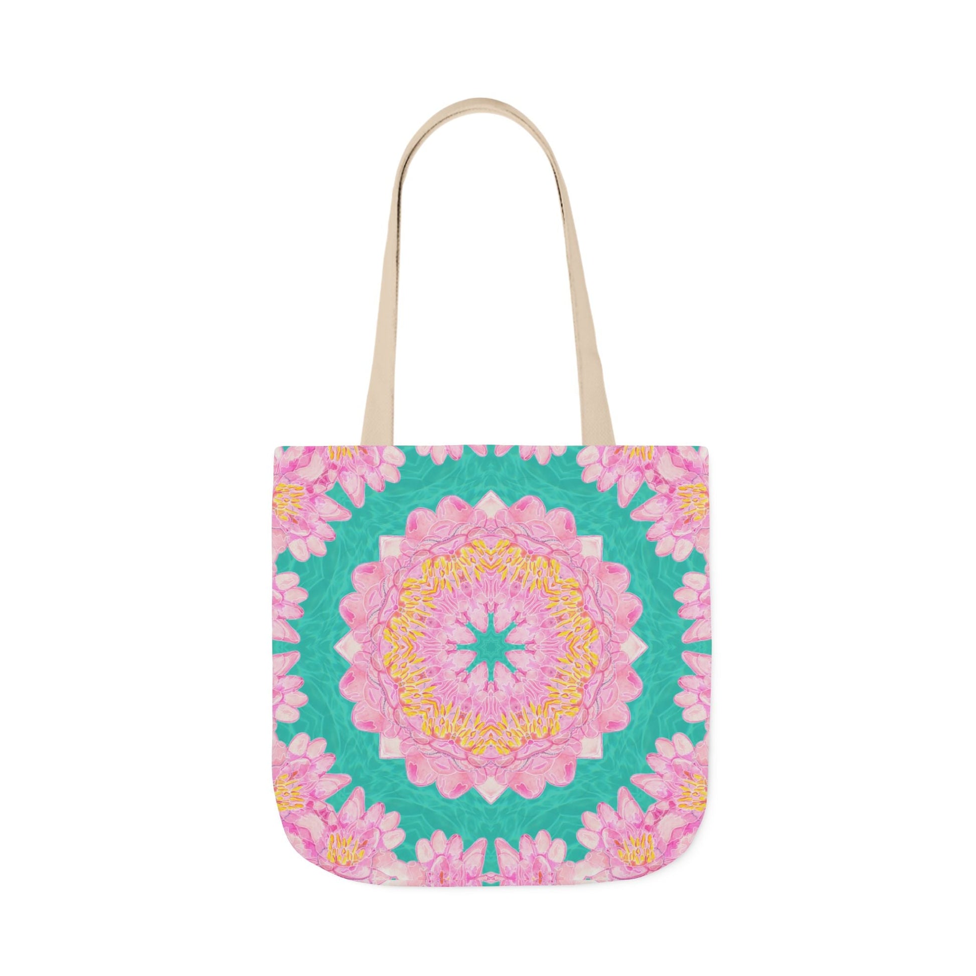 Canvas Tote Bag with Water Lily Pattern on Turquoise - Artmakeyourmark.com