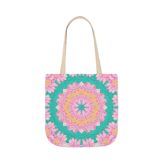 Canvas Tote Bag with Water Lily Pattern on Turquoise - Artmakeyourmark.com