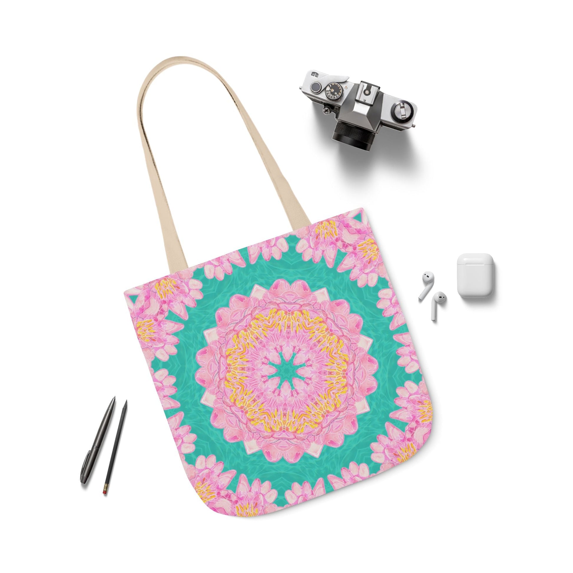 Canvas Tote Bag with Water Lily Pattern on Turquoise - Artmakeyourmark.com