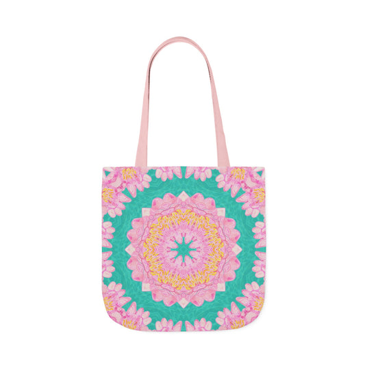 Canvas Tote Bag with Water Lily Pattern on Turquoise - Artmakeyourmark.com