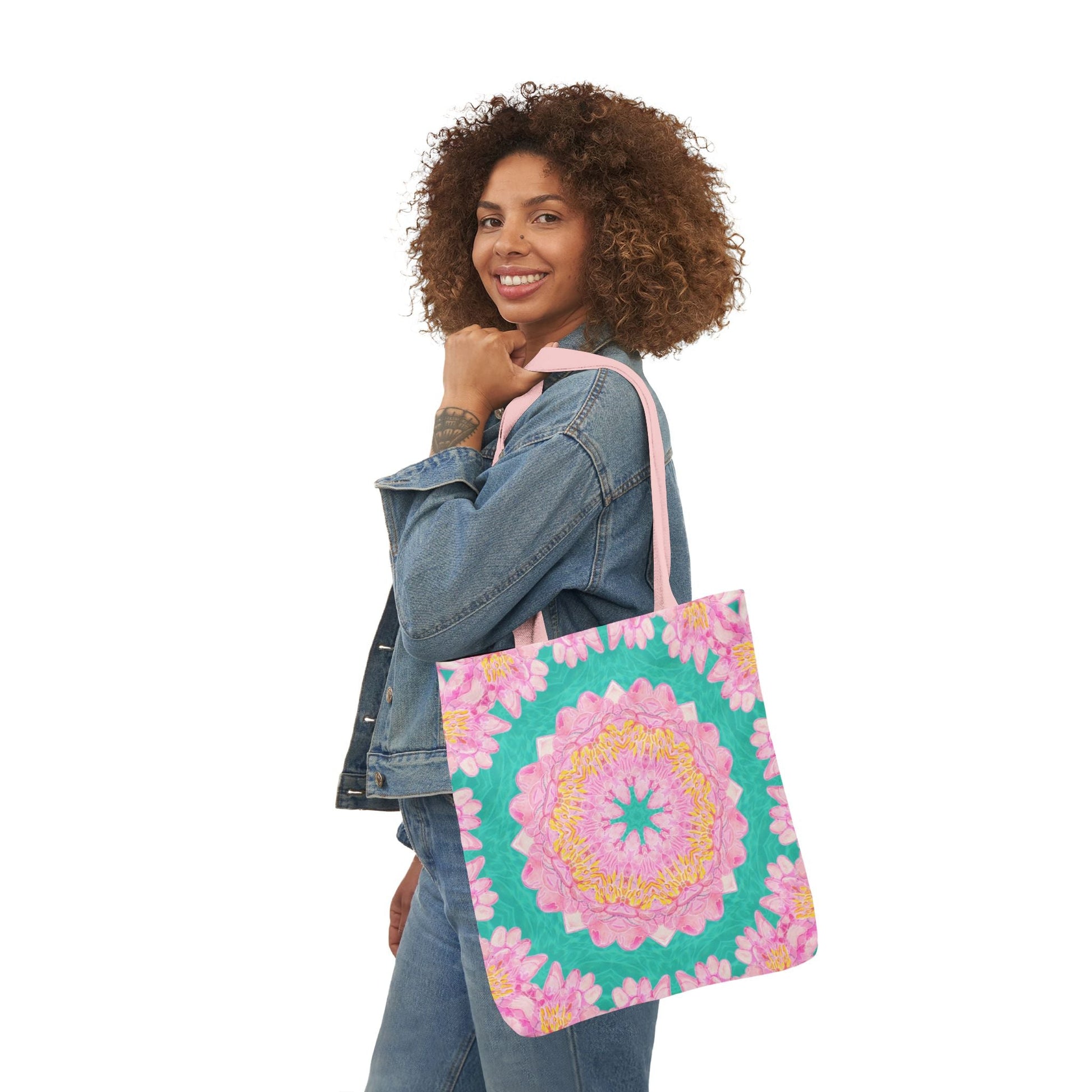 Canvas Tote Bag with Water Lily Pattern on Turquoise - Artmakeyourmark.com