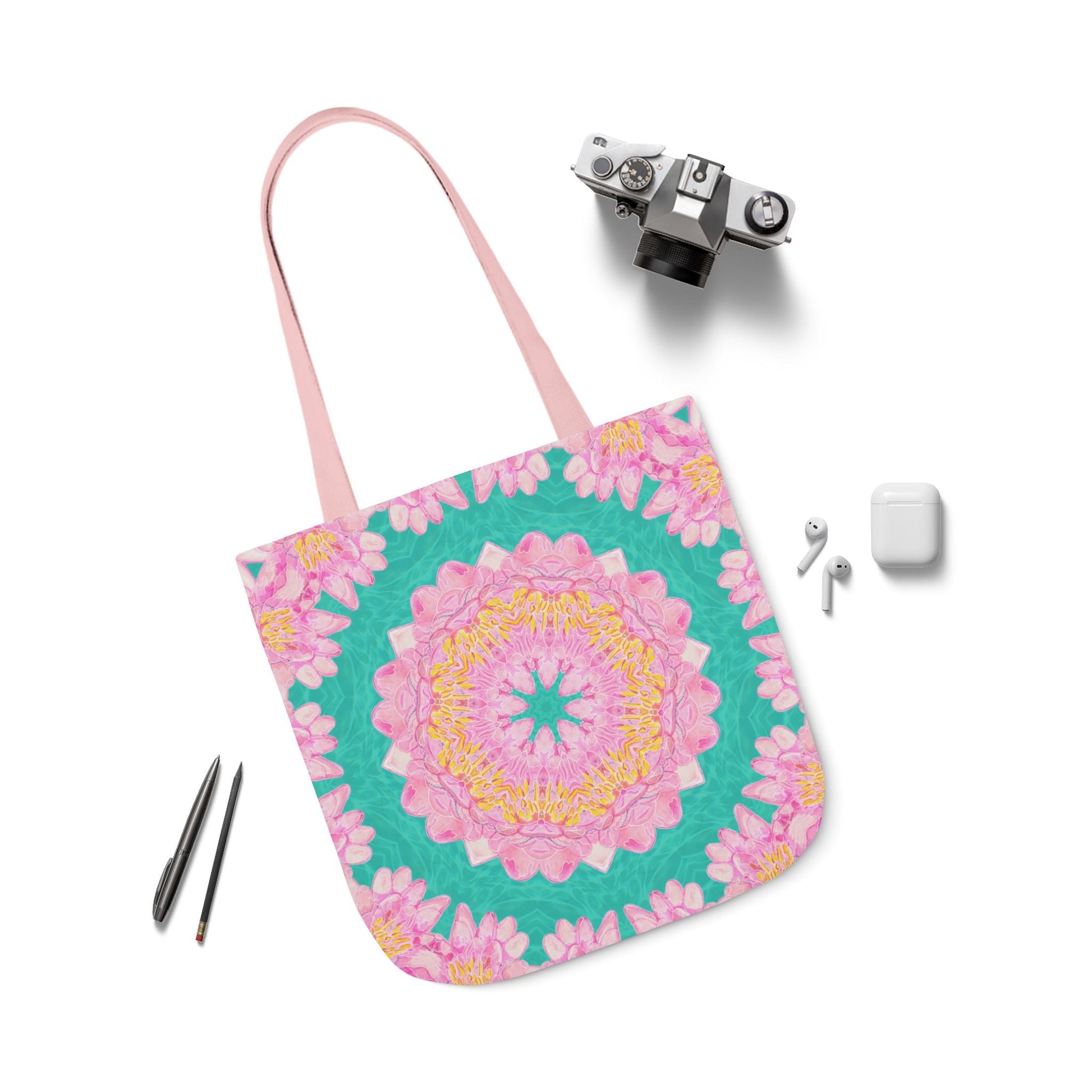 Canvas Tote Bag with Water Lily Pattern on Turquoise - Artmakeyourmark.com
