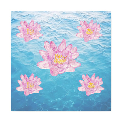 Canvas with Pink Waterlilies on Blue Water