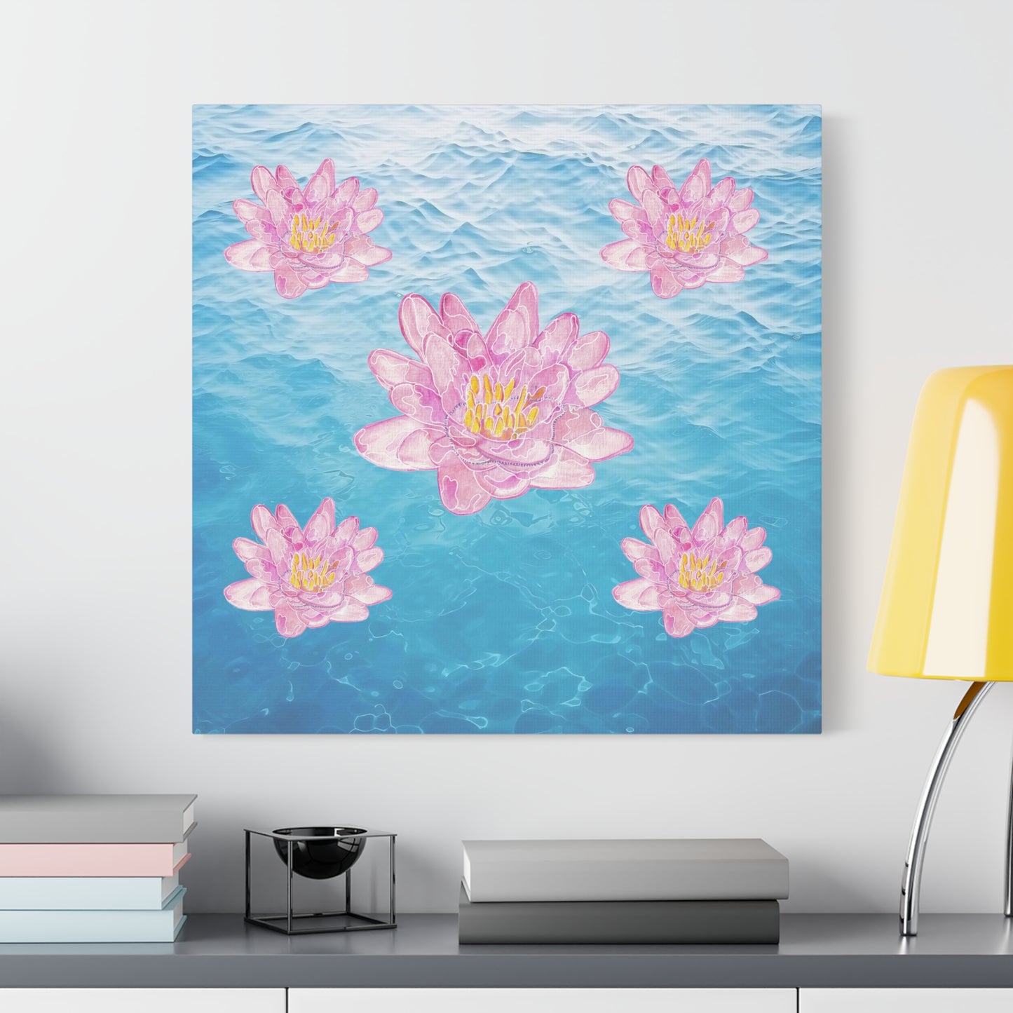 Canvas with Pink Waterlilies on Blue Water