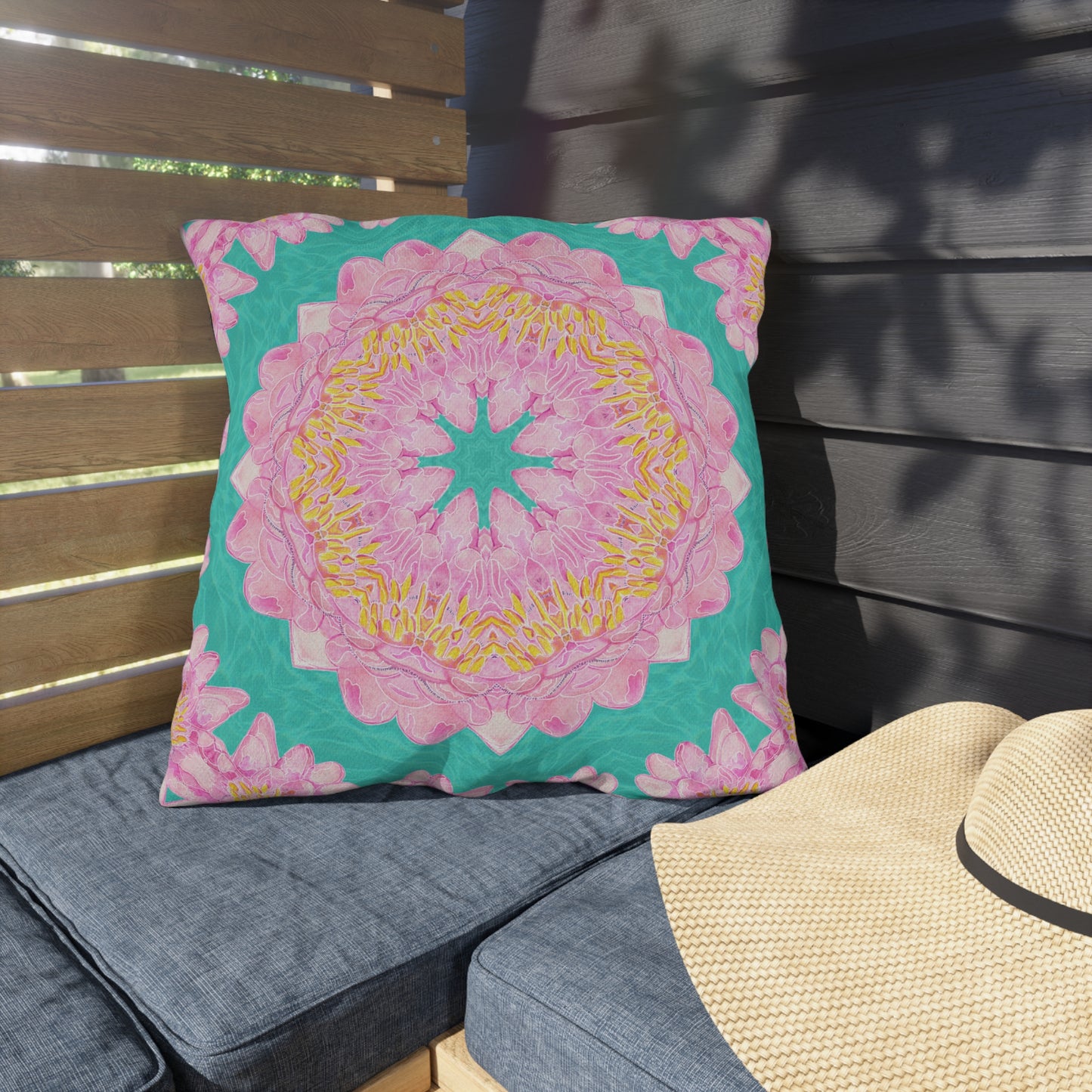 Outdoor Cushion with Pink Water Lily Pattern on a Turquoise Background