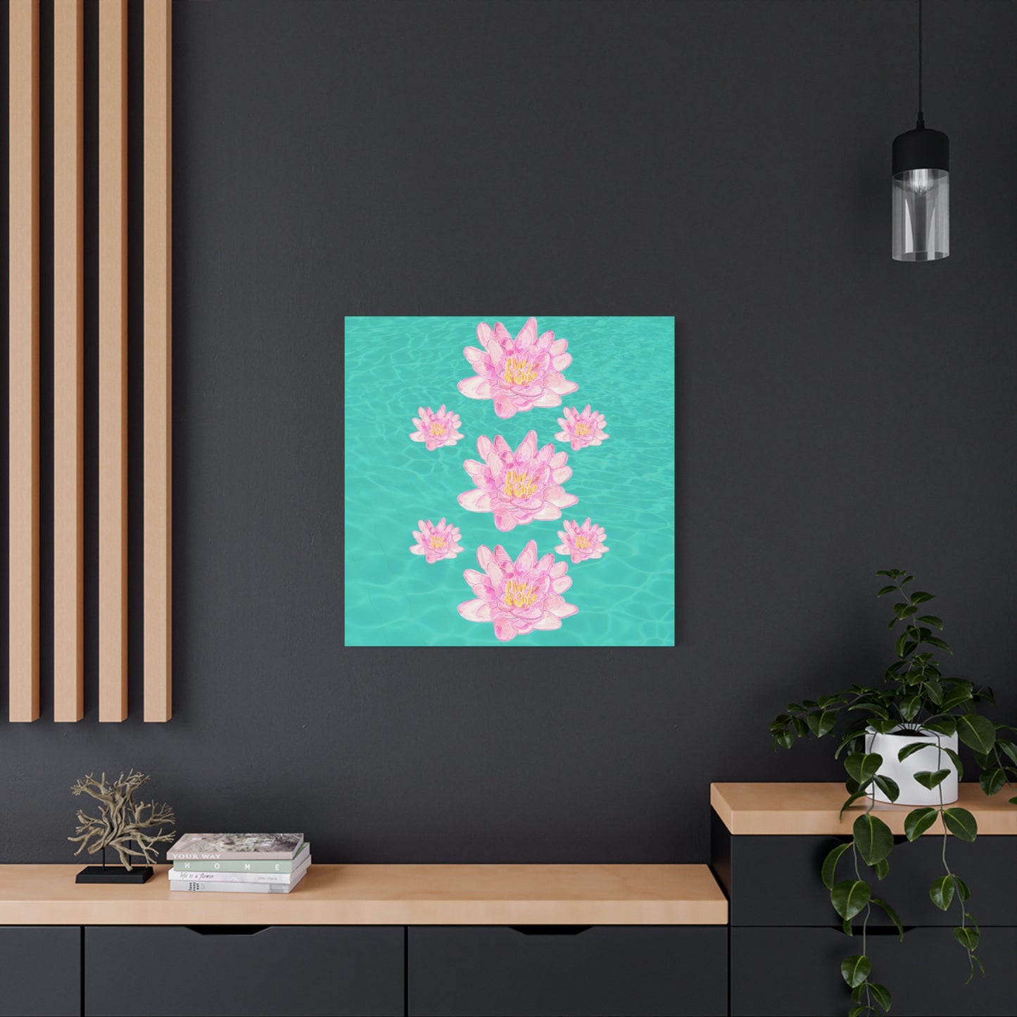 Canvas with Pink Waterlilies on a Turquoise Background of Water