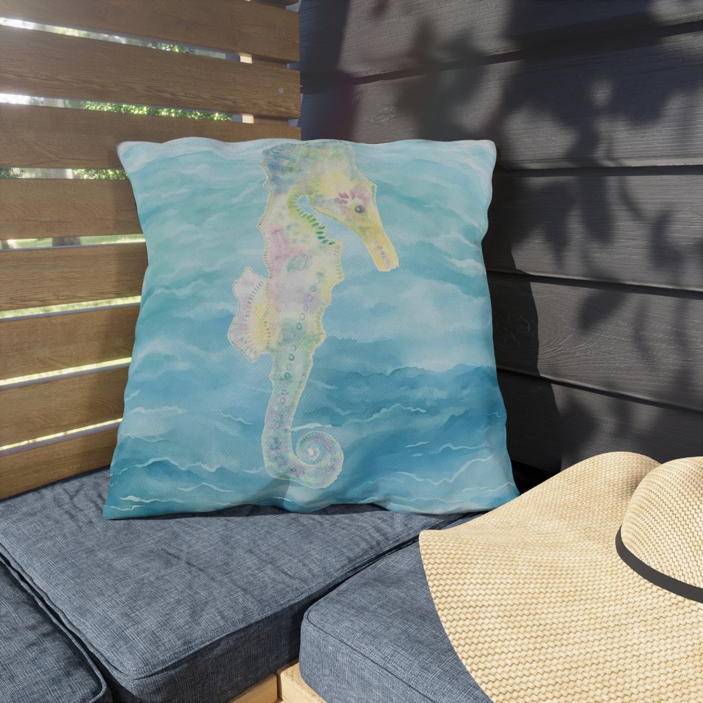 Outdoor Cushion with Blue Seahorse