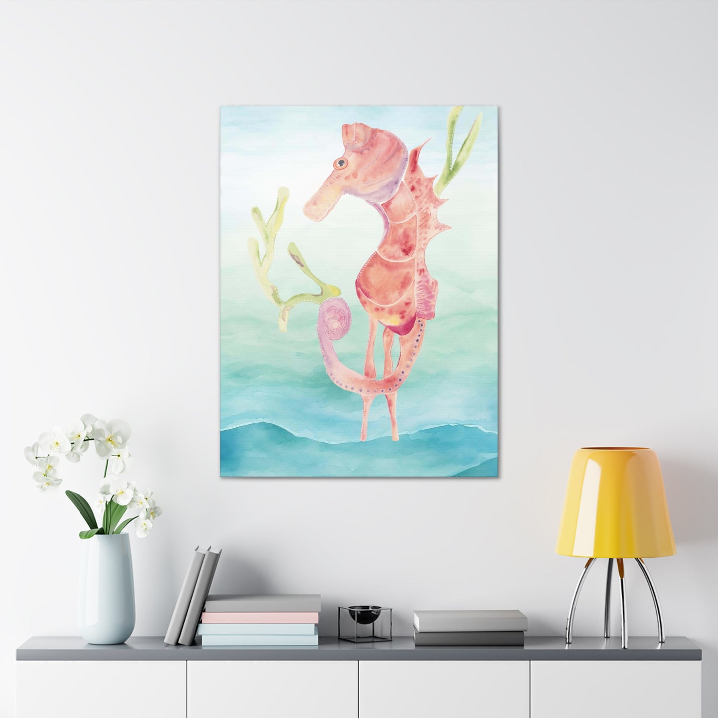 Orange Seahorse with Waves on Canvas