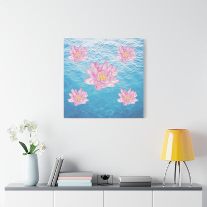 Canvas with Pink Waterlilies on Blue Water