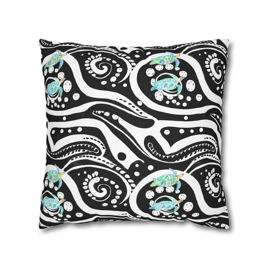 Cushion Cover with Blue Turtles on a Black and White Pattern